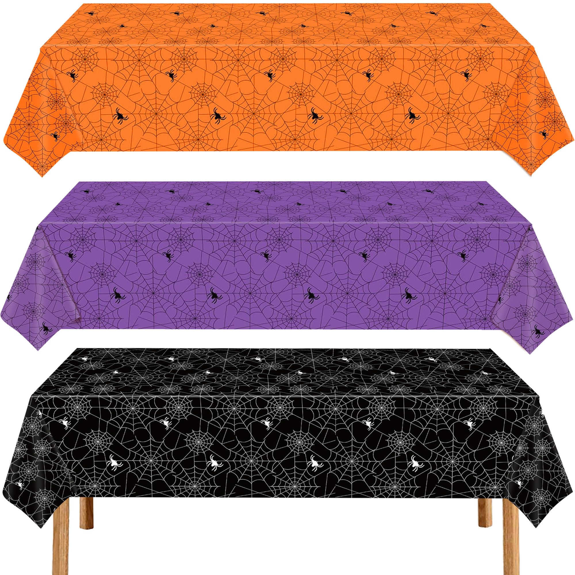 CUUSNNY Halloween Tablecloth,3 Pack Spider Web Plastic Table Cloth 54 x 108,Orange Black Purple Disposable Rectangle Table Cover