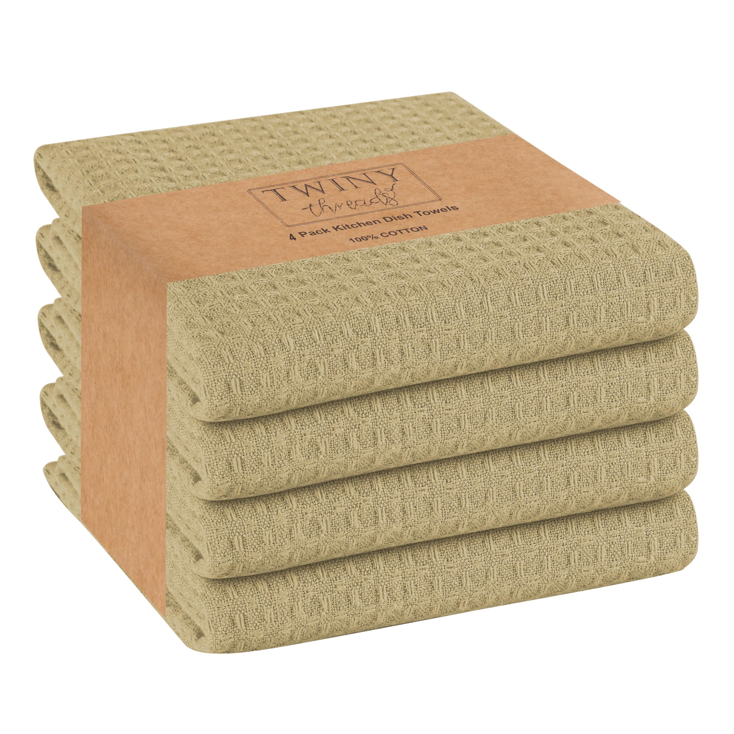 Twiny Threads Kitchen Towels Set Of 4, 100% Soft Cotton Waffle Weave Dish Towels, Tea Towels With Hanging Loop, Resuable Bar Tow