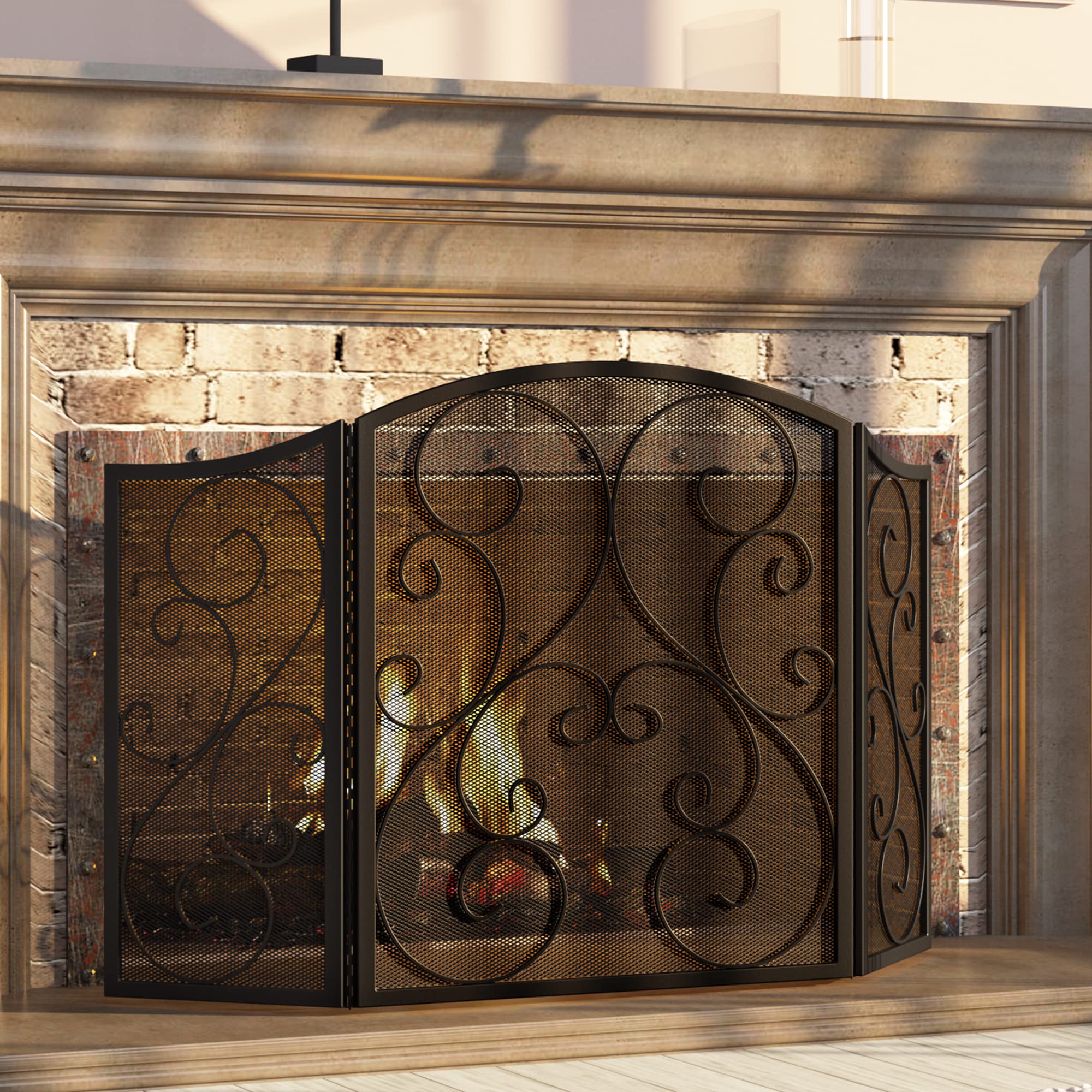Fire Beauty Fireplace Screen 3 Panel Wrought Iron Black Metal 48 ''(L) x30(H) Spark Guard Cover(Black)