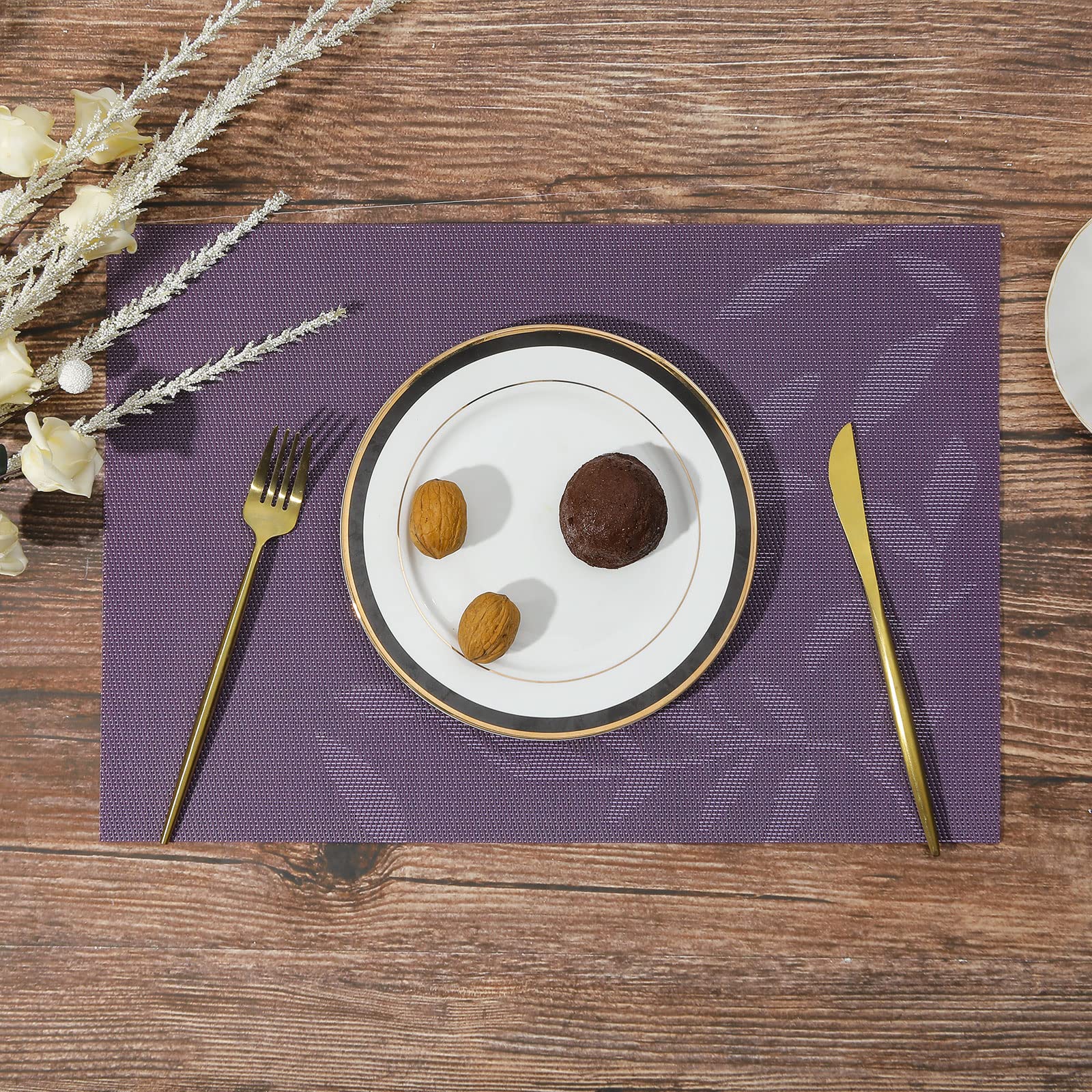 Shacos Woven Vinyl Placemats Set Of 4 Purple Leaf Pattern Place Mats Wipe Clean Durable Pvc Heat Resistant Table Mats (4, Leaf P