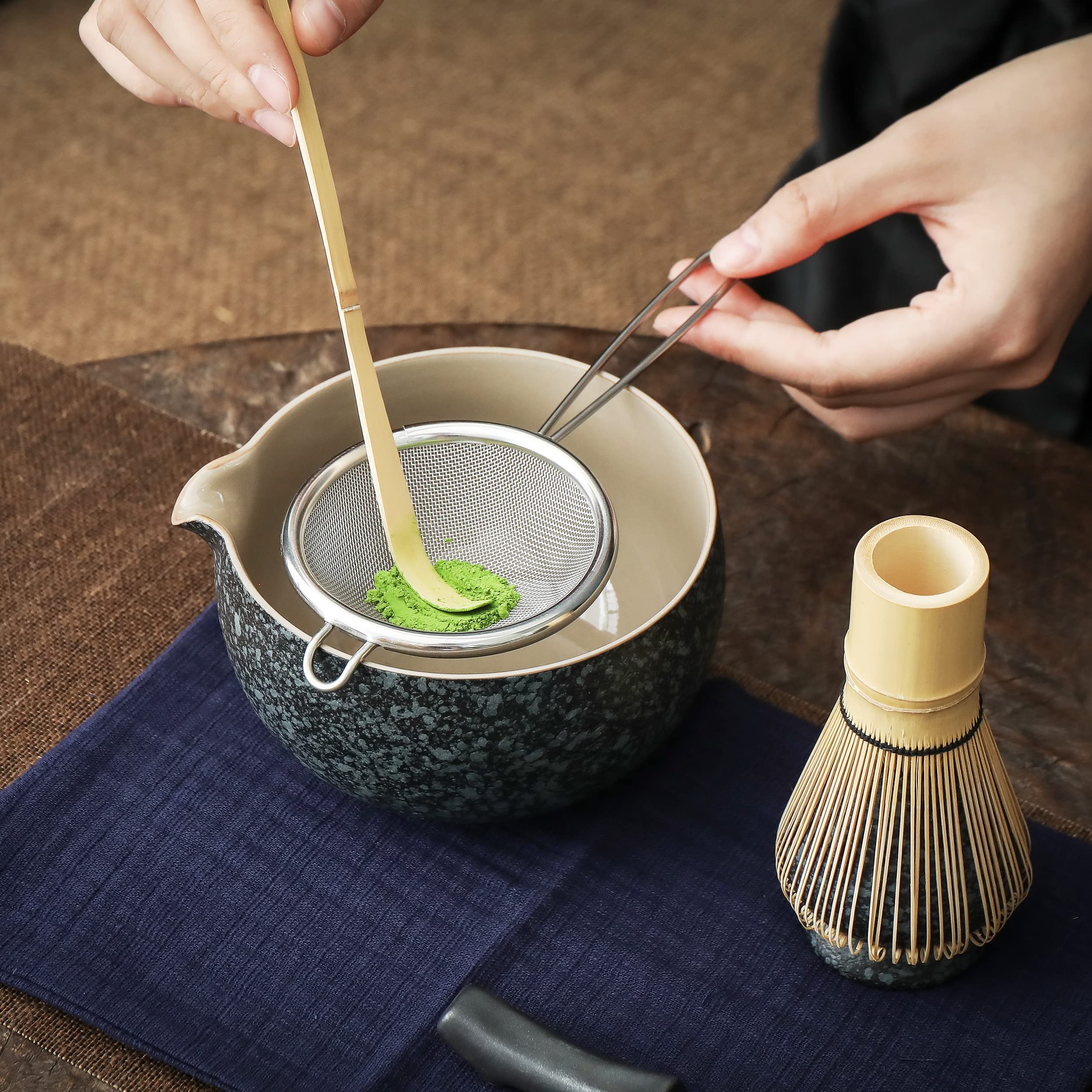 TEANAGOO Japanese Tea Set - 7pcs Matcha Whisk Kit, Ceramic, Charcoal Grey, Model Noir/Gris Rocky