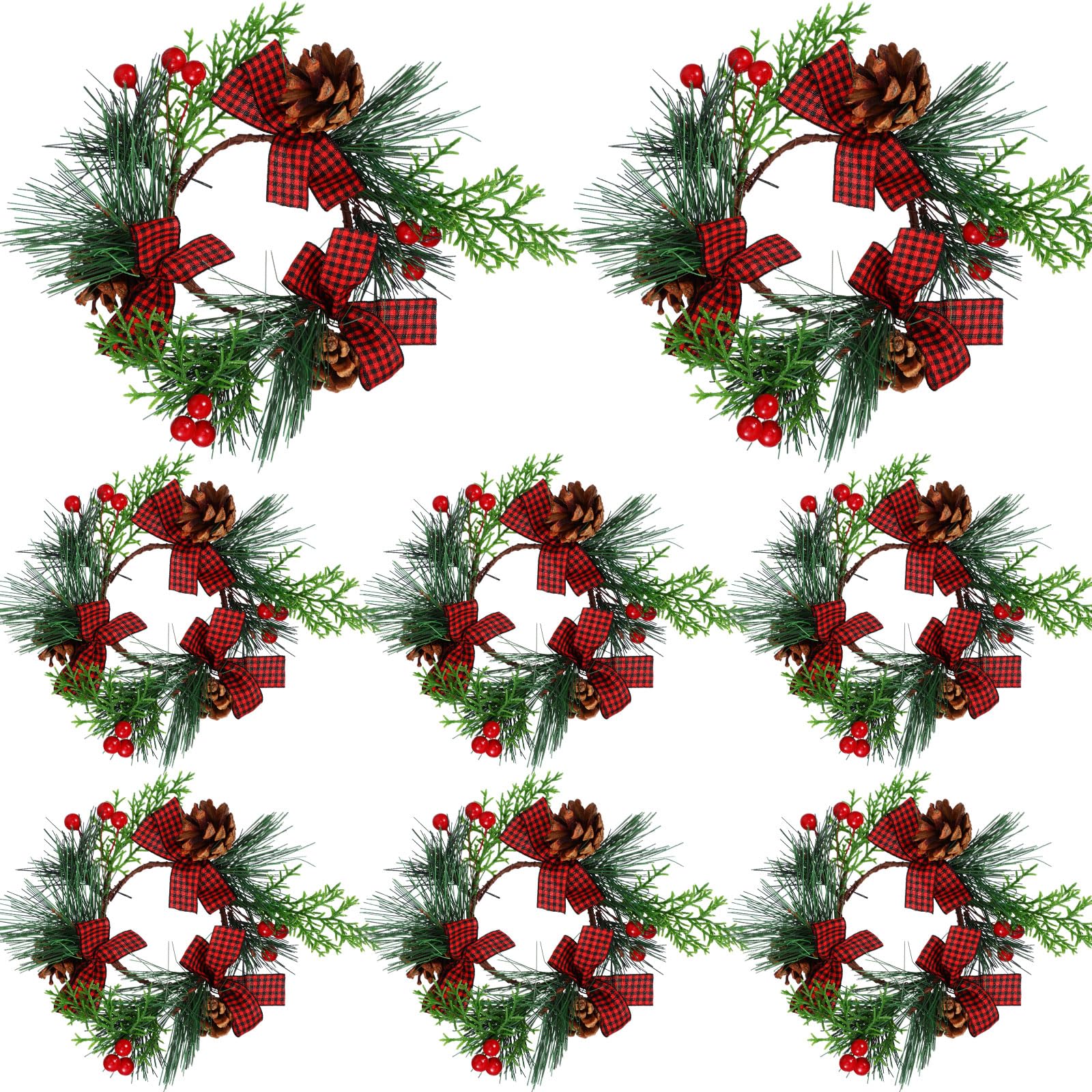 Set of 8 Christmas Candle Rings Christmas Wreaths Berry Pinecone Red Poinsettia Candle Wreaths Rings Mini Christmas Candleholder