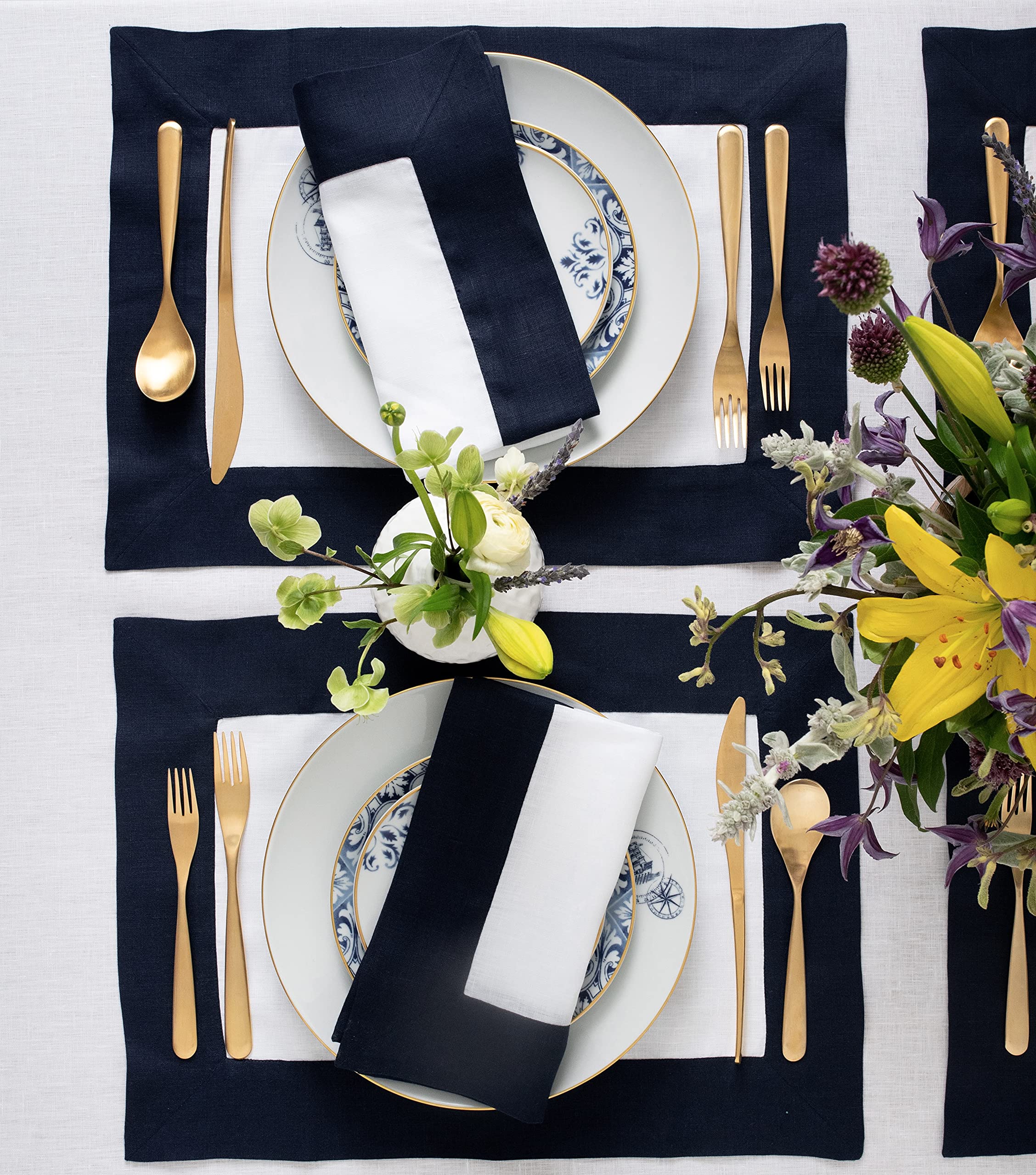 Solino Home Linen Dinner Napkins - 100% Pure Linen Fabric 20 x 20 Inch Napkins Navy and White - Set of 4 Napkins for Spring  Summer  Memorial Day - Contempo  Handcrafted from European Flax