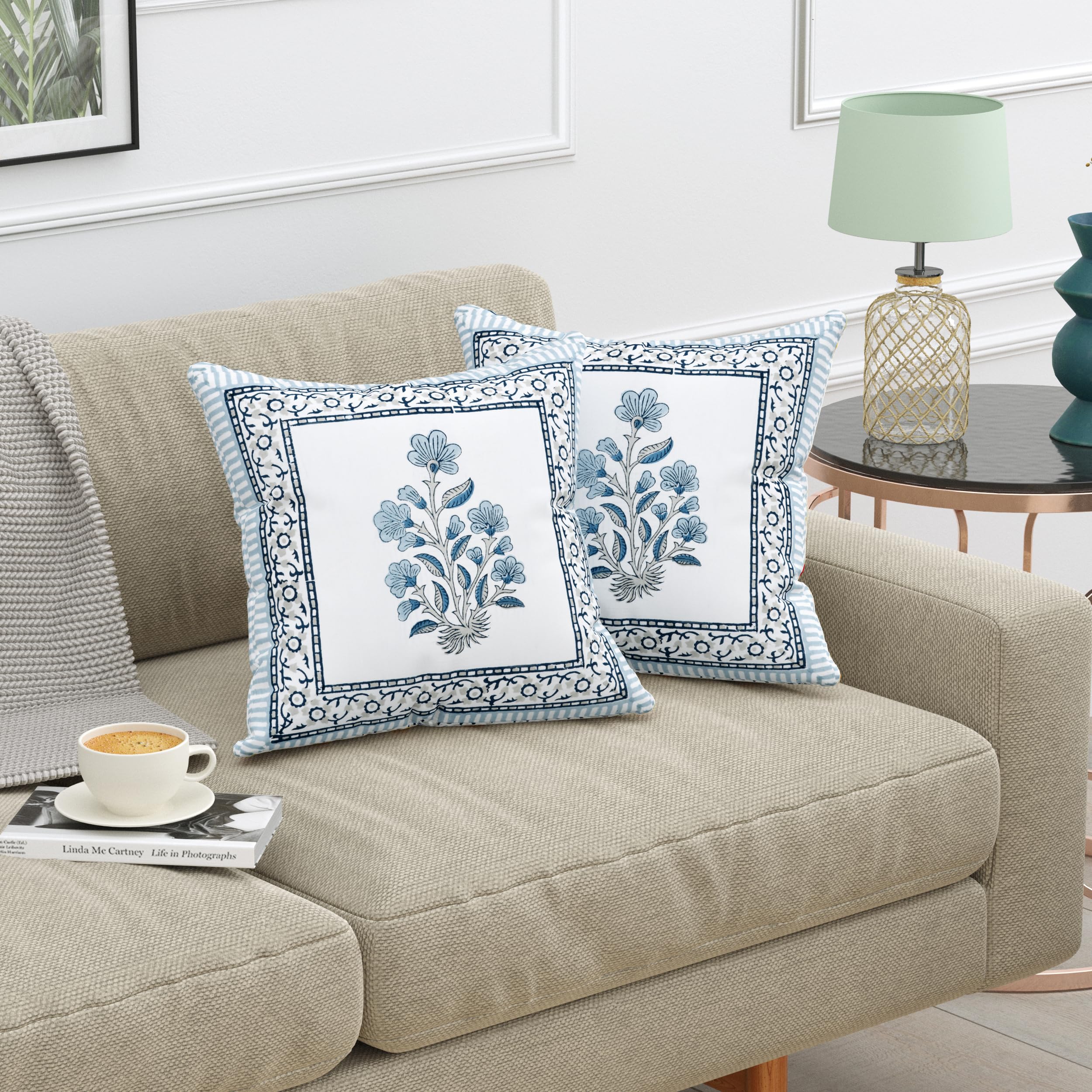 Blocks Of India Hand Block Printed Cotton 250 Tc Cushion Cover (16 X 16 Inches) (2, Blue Circle)