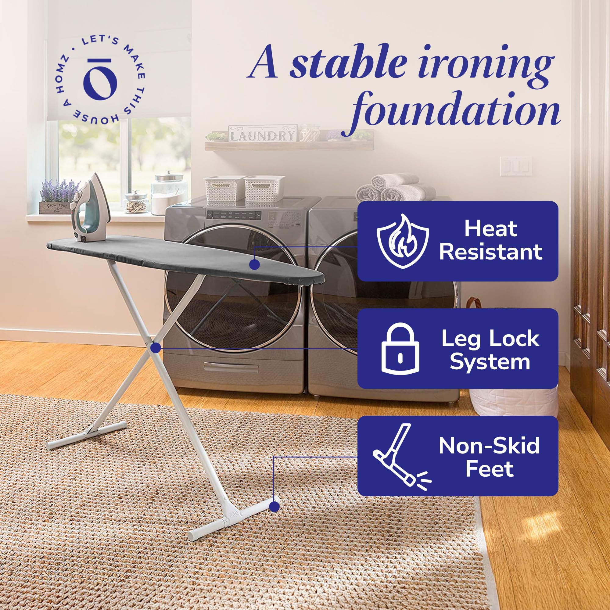 Homz T-Leg Clothes Ironing Board, Compact Foldable Standard Size Adjustable Height With Foam Pad & Cotton Cover, Charcoal Gray