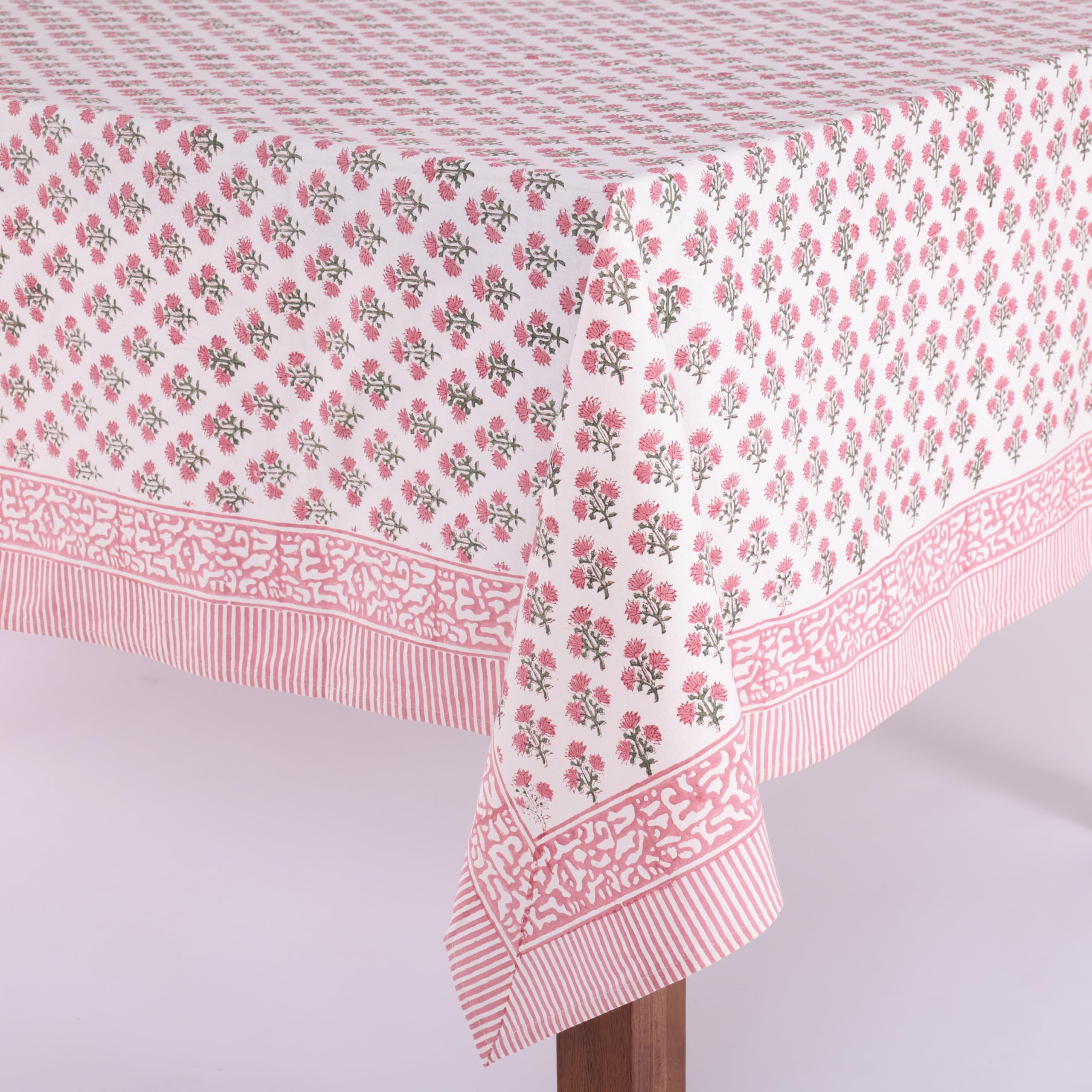 ATOSII Gulbahar White Pink 100% Cotton Fall Rectangle Tablecloth, Hand Block Print Washable Table Cover, Christmas Parties Buffe