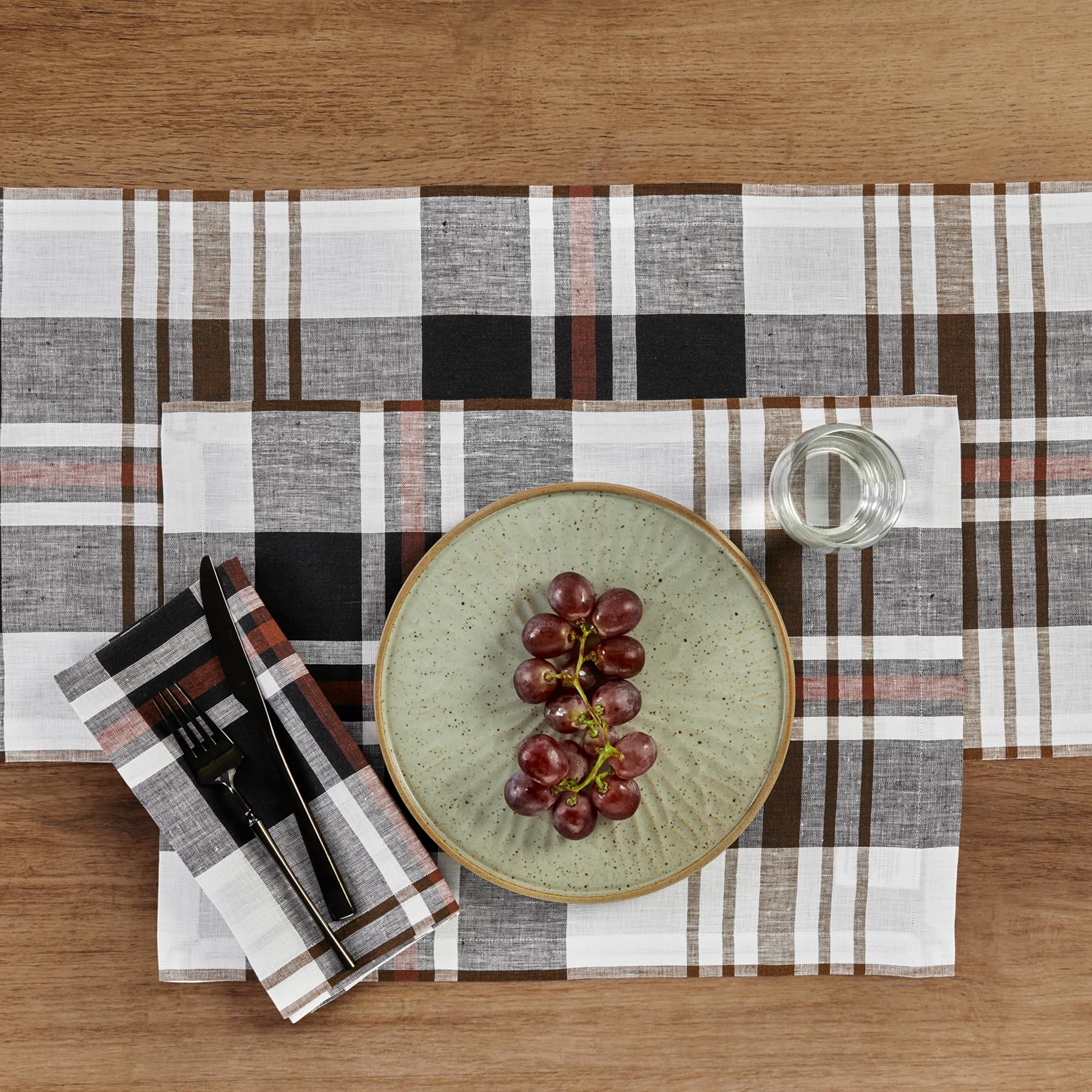 Solino Home Linen Table Runner 48 Inch - 100% Pure Linen Black Oxford Plaid Table Runner 14 X 48 Inch - Handcrafted And Machine