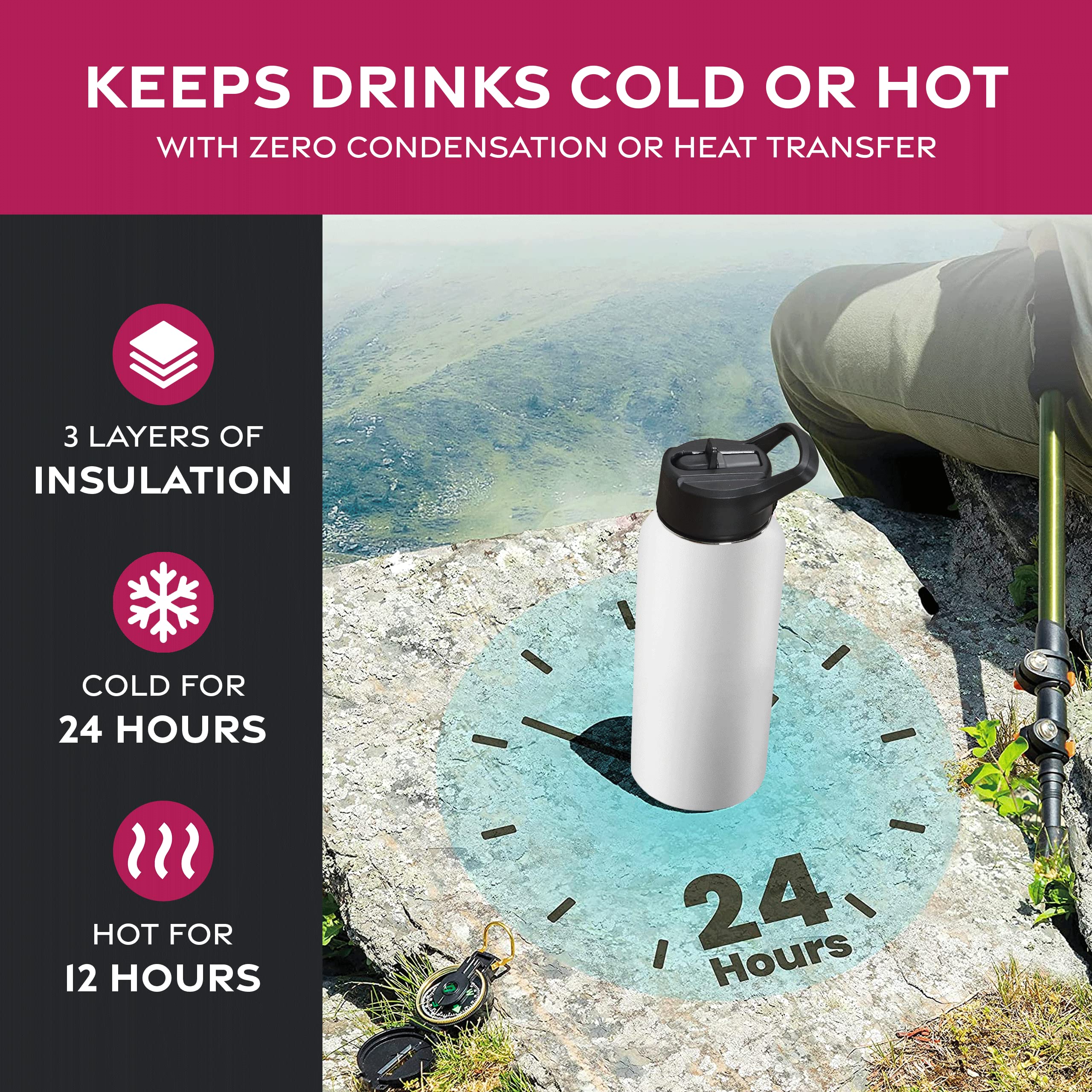 FineDine Triple Walled, Insulated Water Bottles with Straw - 32 Oz Stainless Steel Metal Bottle W/ 3 Leak Proof Lids - For Trave