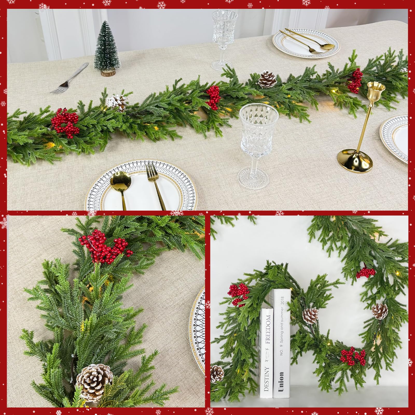 6FT Pre-lit Christmas Cedar Garland with 20 Warm White LEDs Timer Red Berries Pinecones and Soft Vine, Lighted Christmas Garland