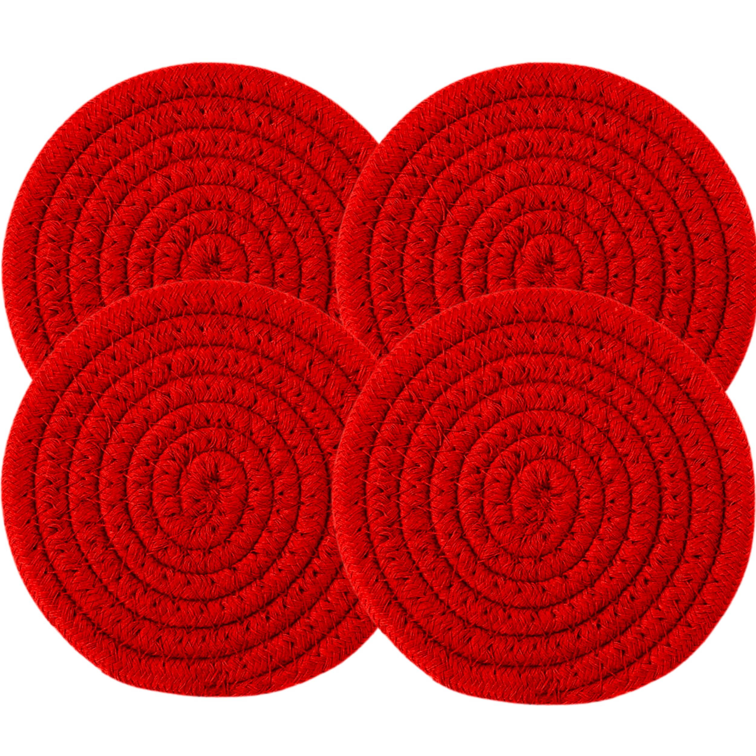 4Pcs Red Cotton Round Woven Coasters Drink Handmade Braided Cup Coasters Absorbent Woven Coasters Woven Hot Pads Mats For Drink