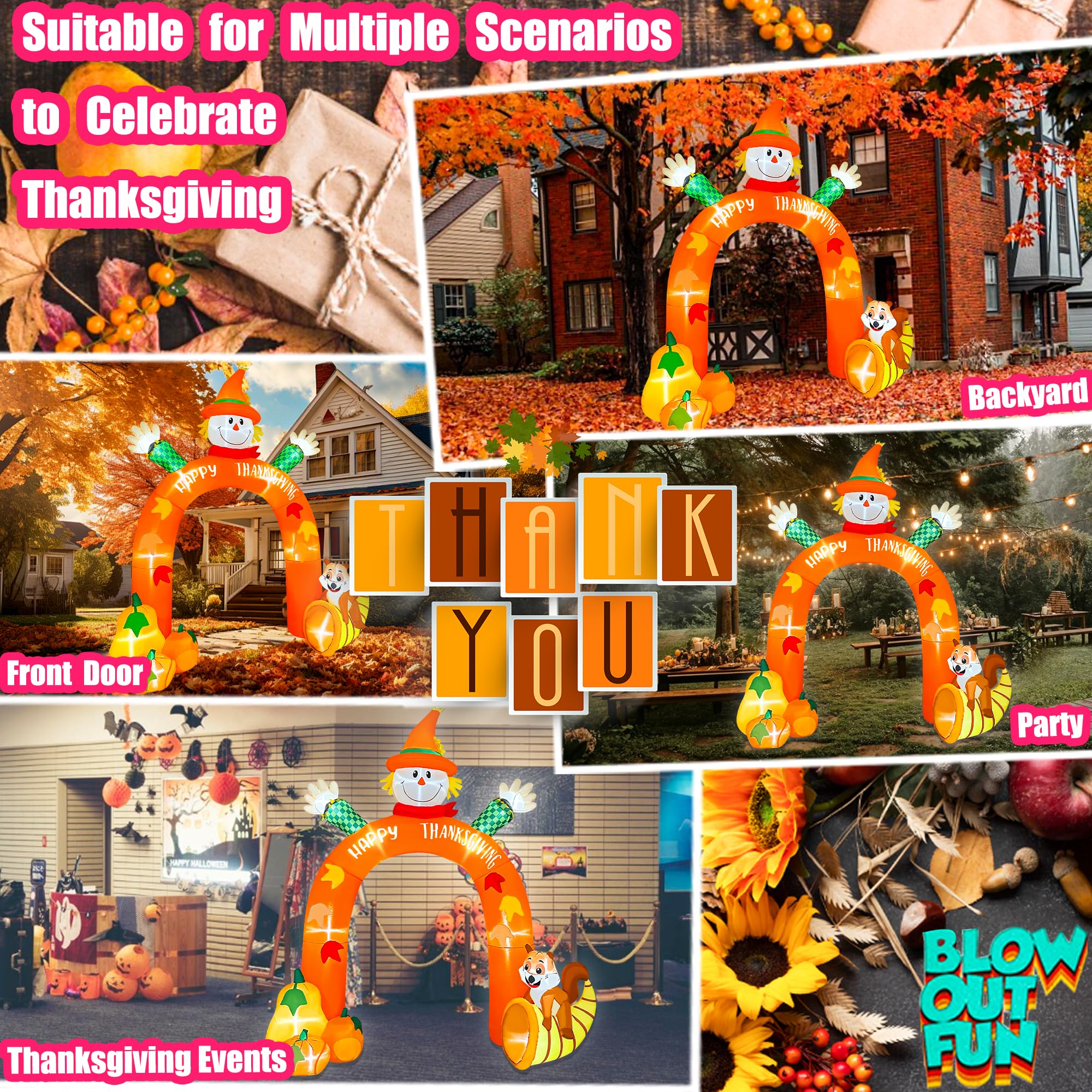 BLOWOUT FUN Thanksgiving Inflatables,10 FT Giant Inflatable Scarecrow Arch with Squirrel Pumpkins Built-in LEDs Thanksgiving Blo