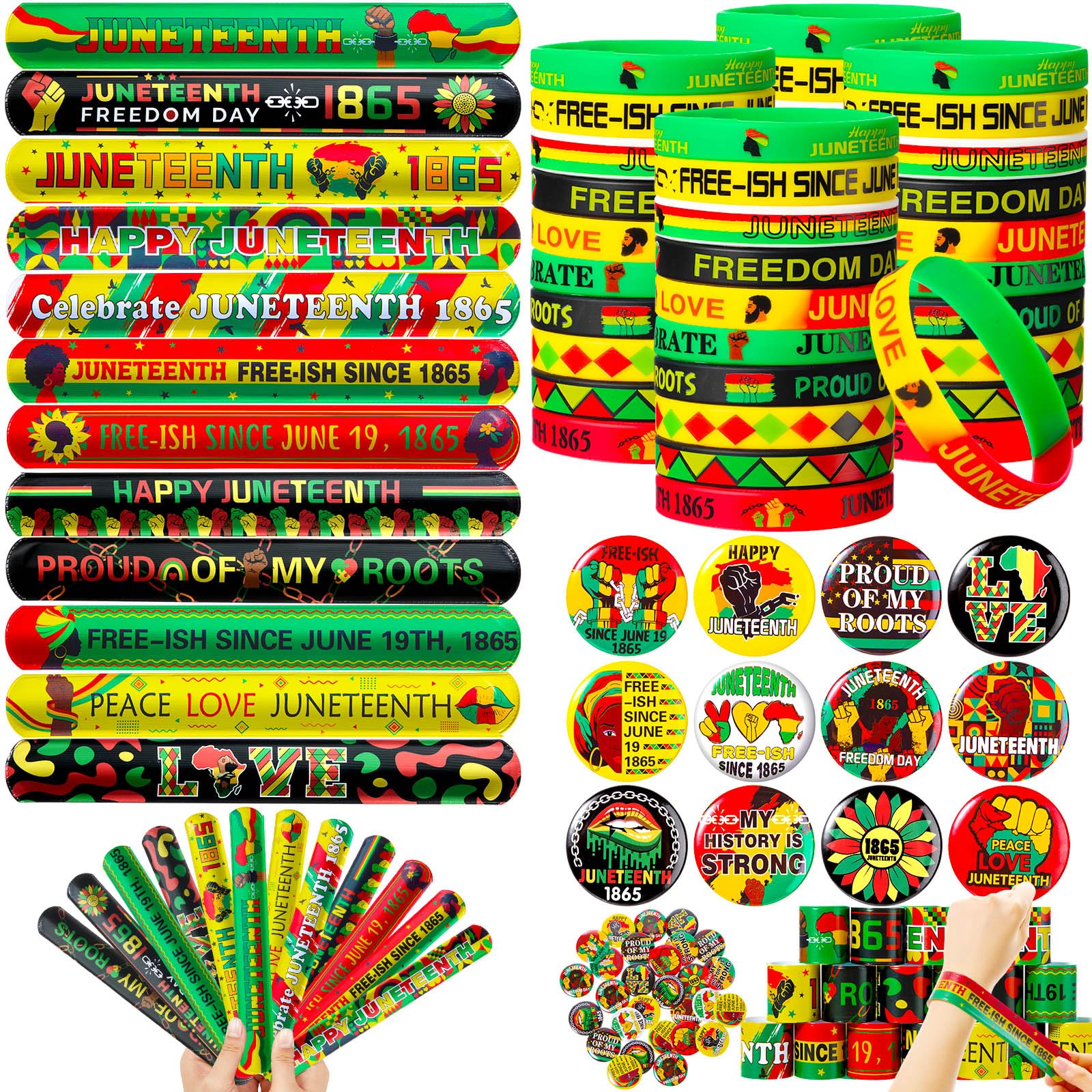 Tondiamo 120 Pcs Juneteenth Gifts Set for Kids 40 Silicone Bracelet Wristbands 40 Colorful Slap Bracelets 40 Button Pin Badges f