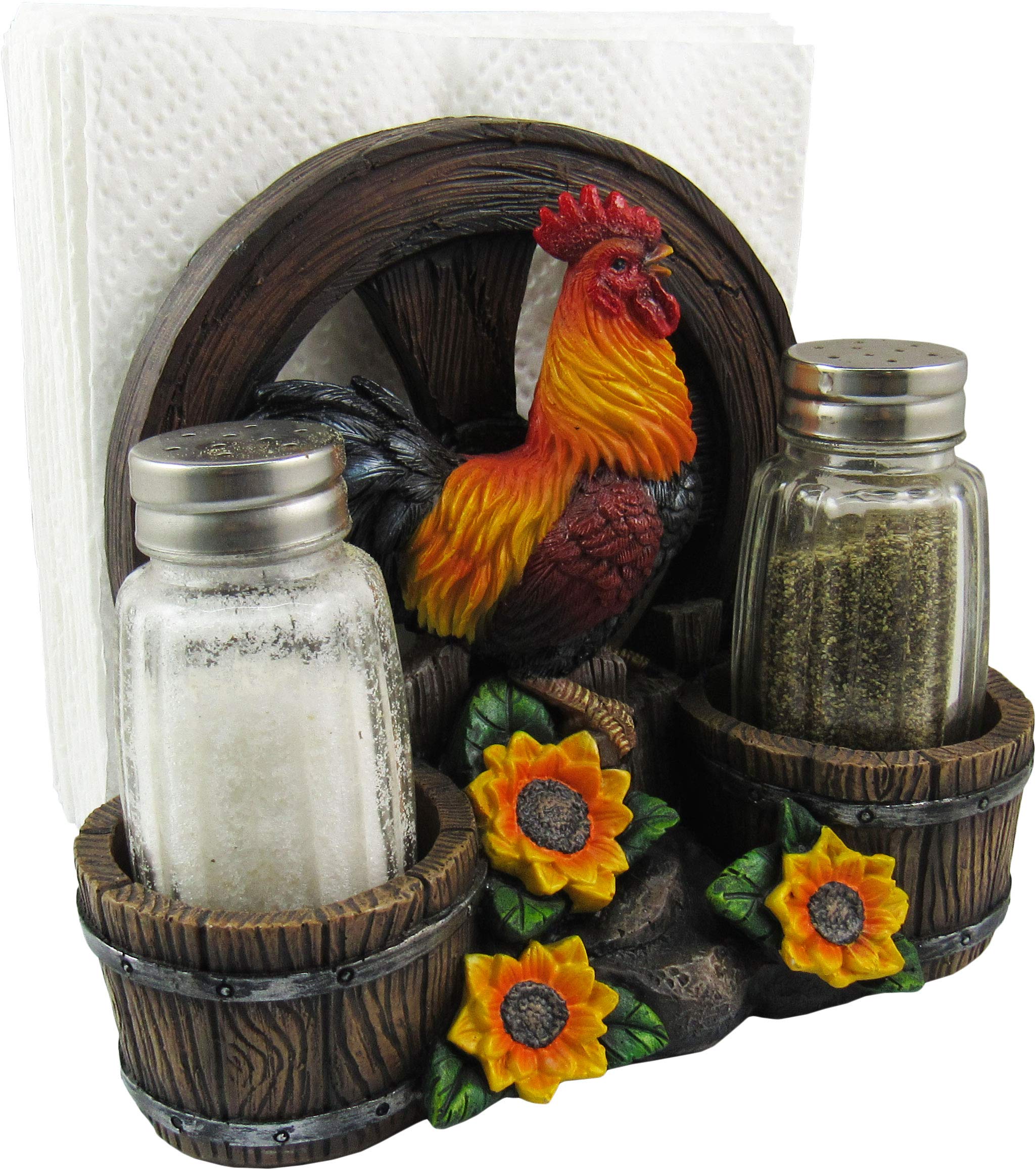 Dwk - Country Diner - Rooster With Wagon Wheel Farm Barrel And Sunflowers Napkin Salt & Pepper Shaker Holder Home D  Cor Kitchen