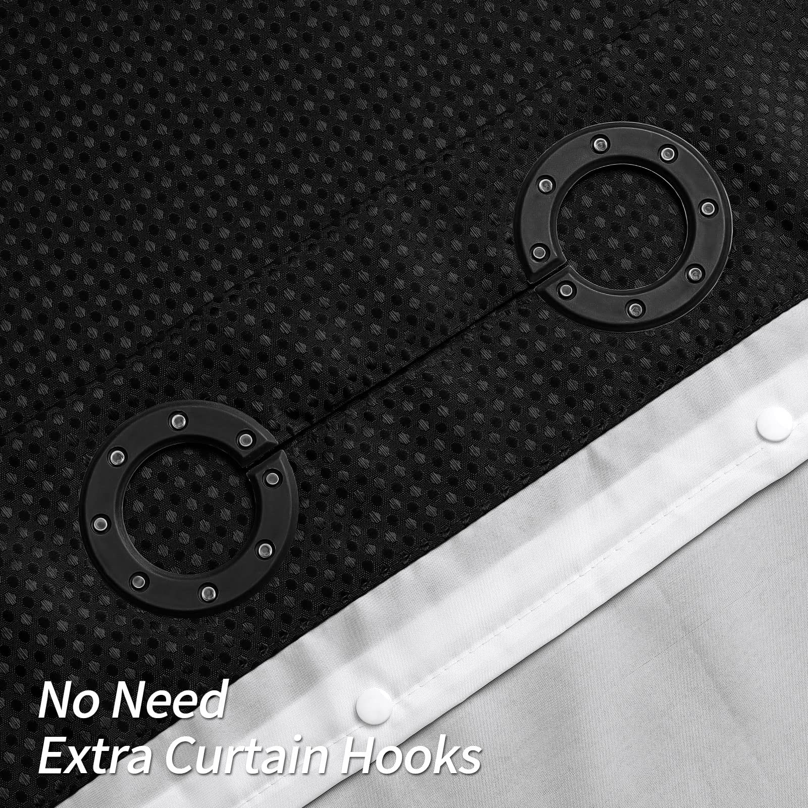 Mitovilla No Hooks Needed Black Waffle Shower Curtain Set With Snap-In Liner, Modern Waffle Weave Heavy Duty Fabric Cloth Shower