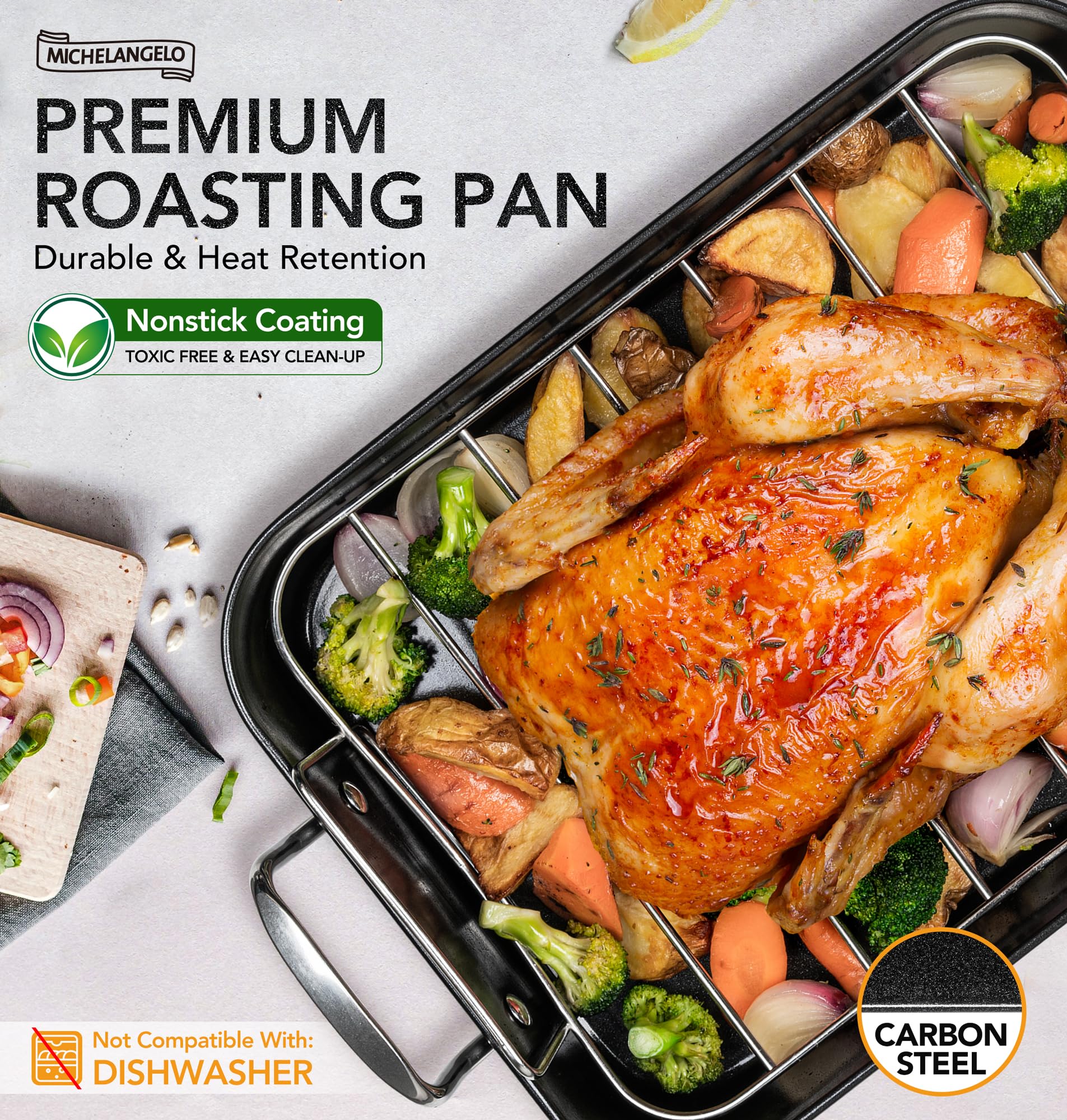 Michelangelo Roasting Pan With Rack, Carbon Steel Turkey Roasting Pan For Oven And Induction, Nonstick Turkey Roaster Pan With S