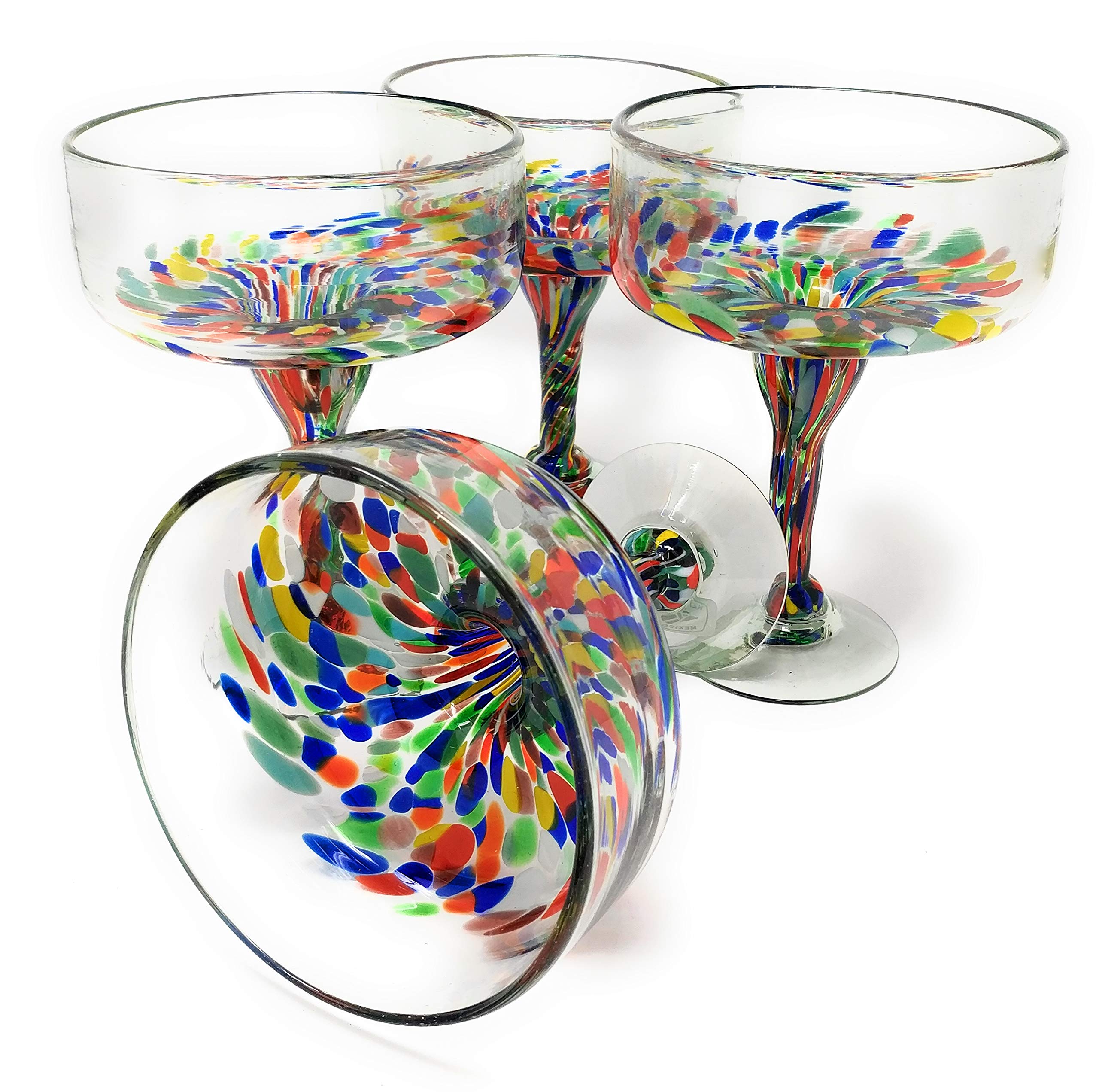 Mexican Hand Blown Glass - Set of 4 Hand Blown Margarita Glasses Confetti Carmen (16 oz)