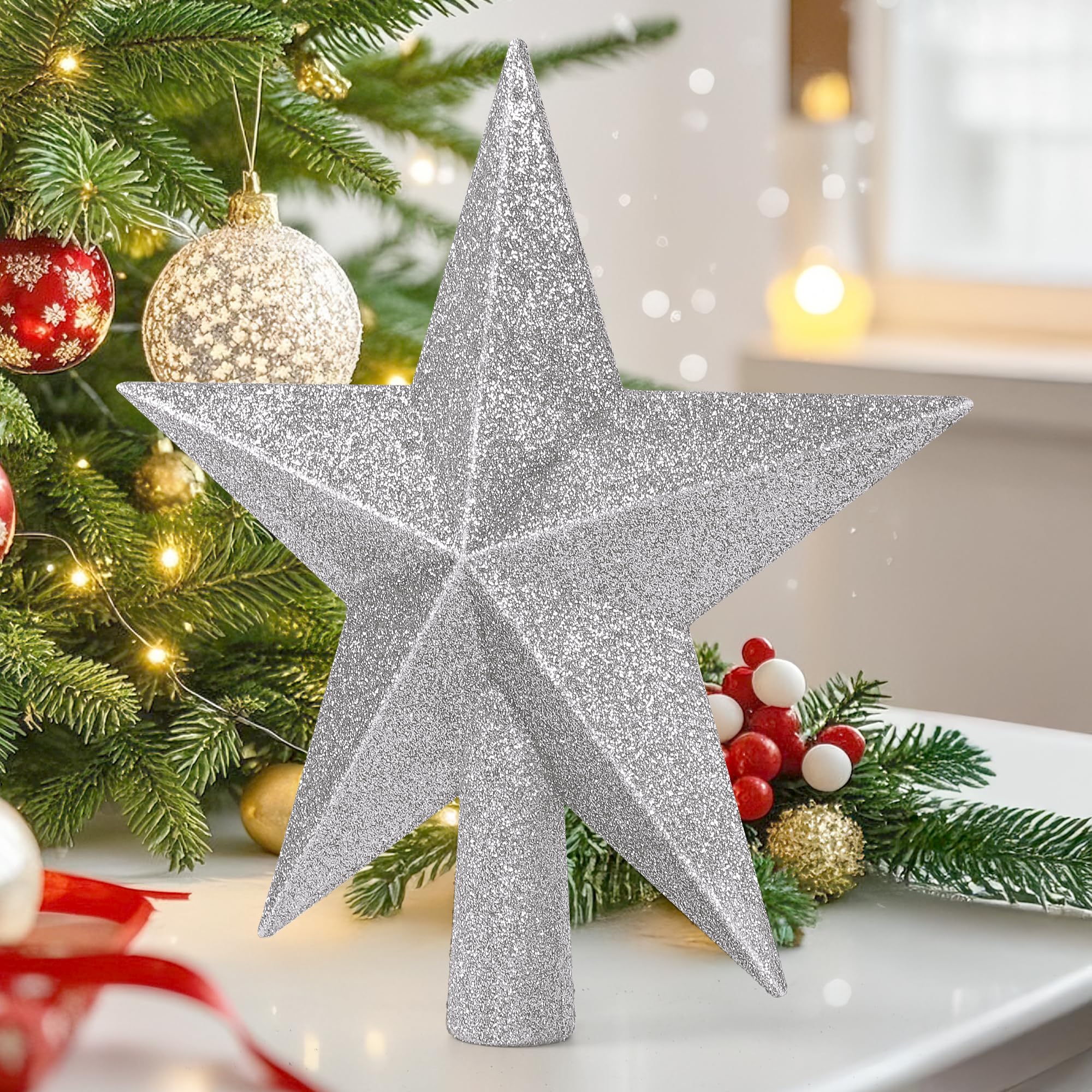 Tree Topper Star, 8 Silver Christmas Tree Topper with Glitter, 3D Bethlehem Star Xmas Tree Topper Decorations, Waterproof Shatte