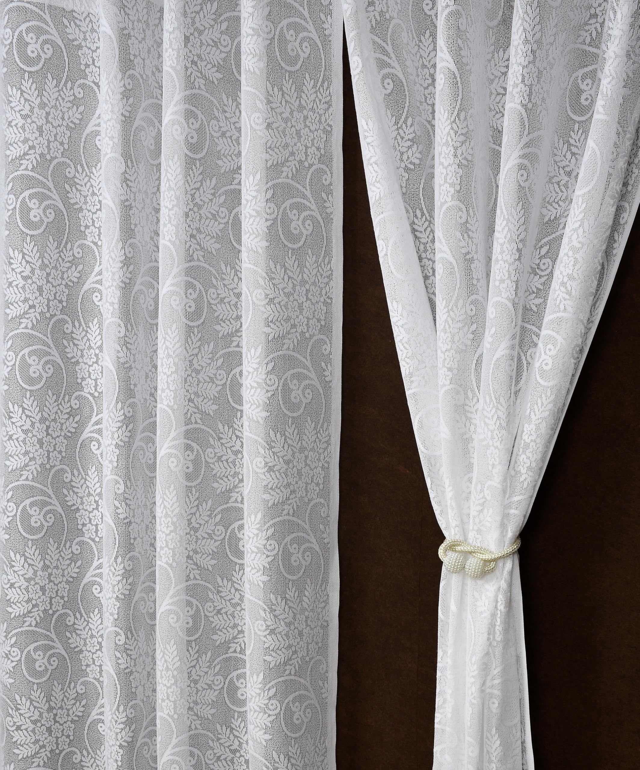 Fabrilia Floral Net Semi Sheer Grommet Curtains For Living Room/Bedroom, 7 Feet Door, White, Set Of 2