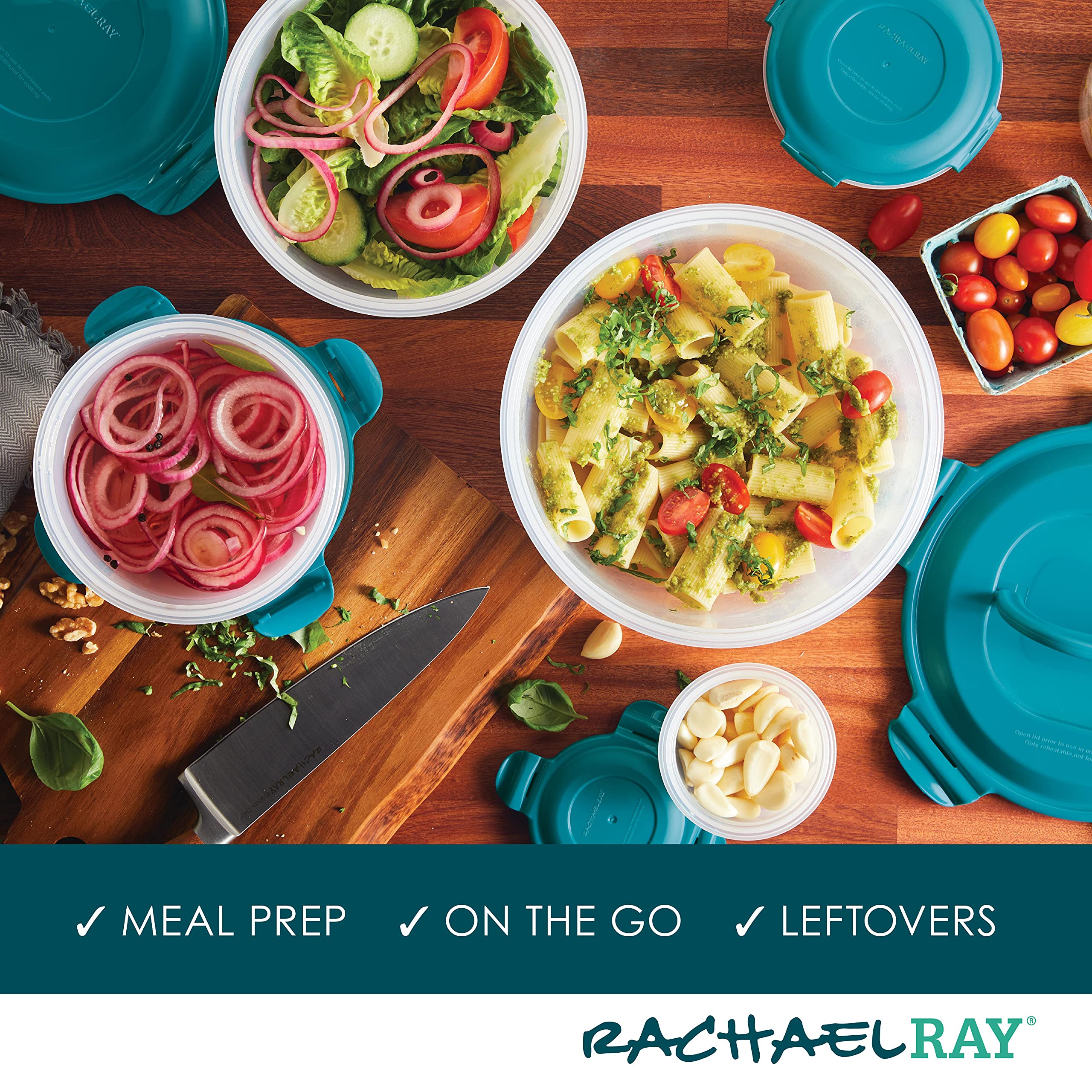 Rachael Ray Leak-Proof Nestable Container Food Storage Bin Set, 10-Piece, Clear With Teal Lids