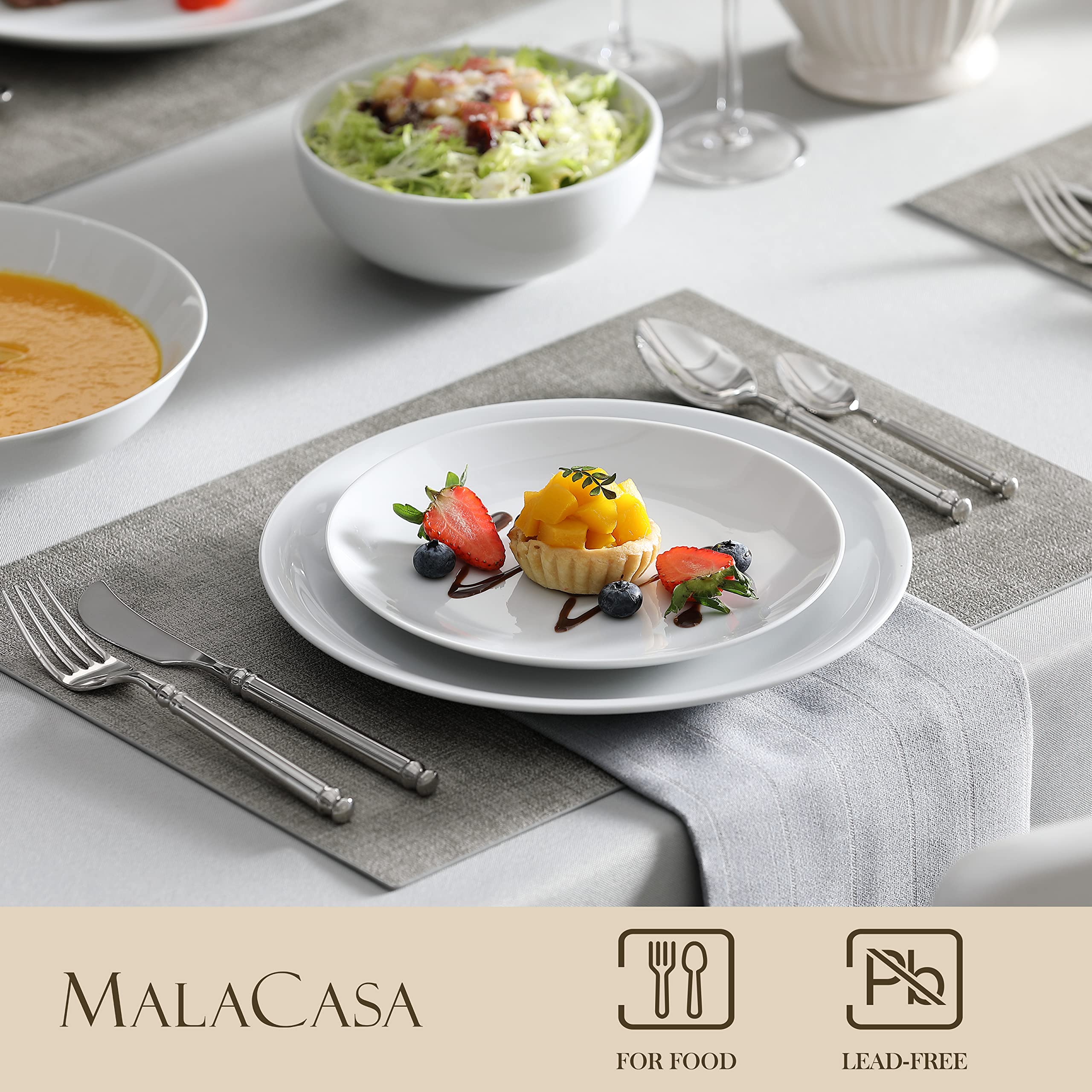 MALACASA 24-Piece Gourmet Porcelain Dinnerware Set for 6 - Modern White AMELIA Dish Set for Salad, Soup, Pasta, and Dessert