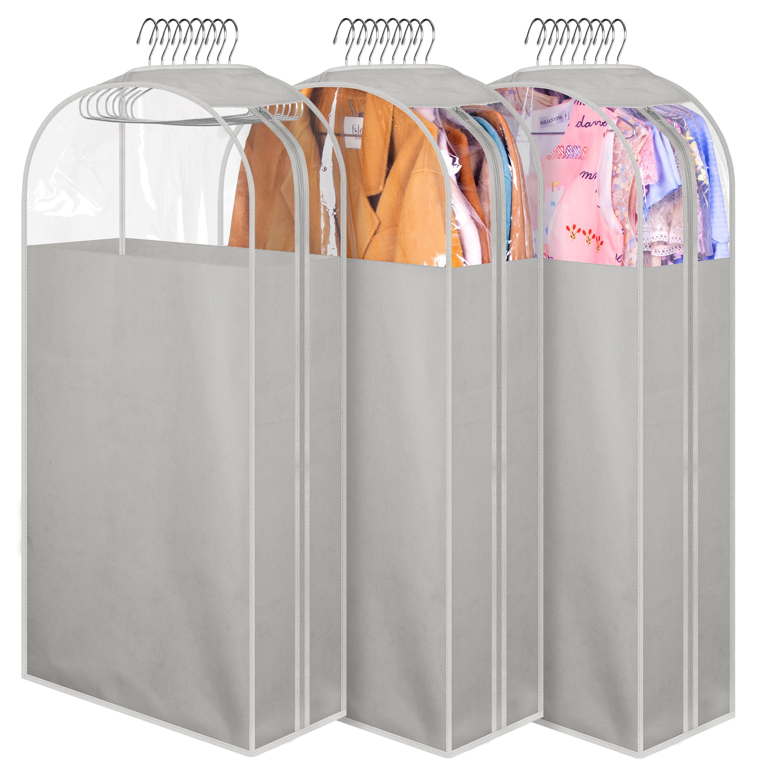 MISSLO 10'' Gussetes Garment Bags for Hanging Clothes 40'' Clear Suit Bags for Closet Storage Suit Cover Bags Coat Protector  3 Packs  Grey