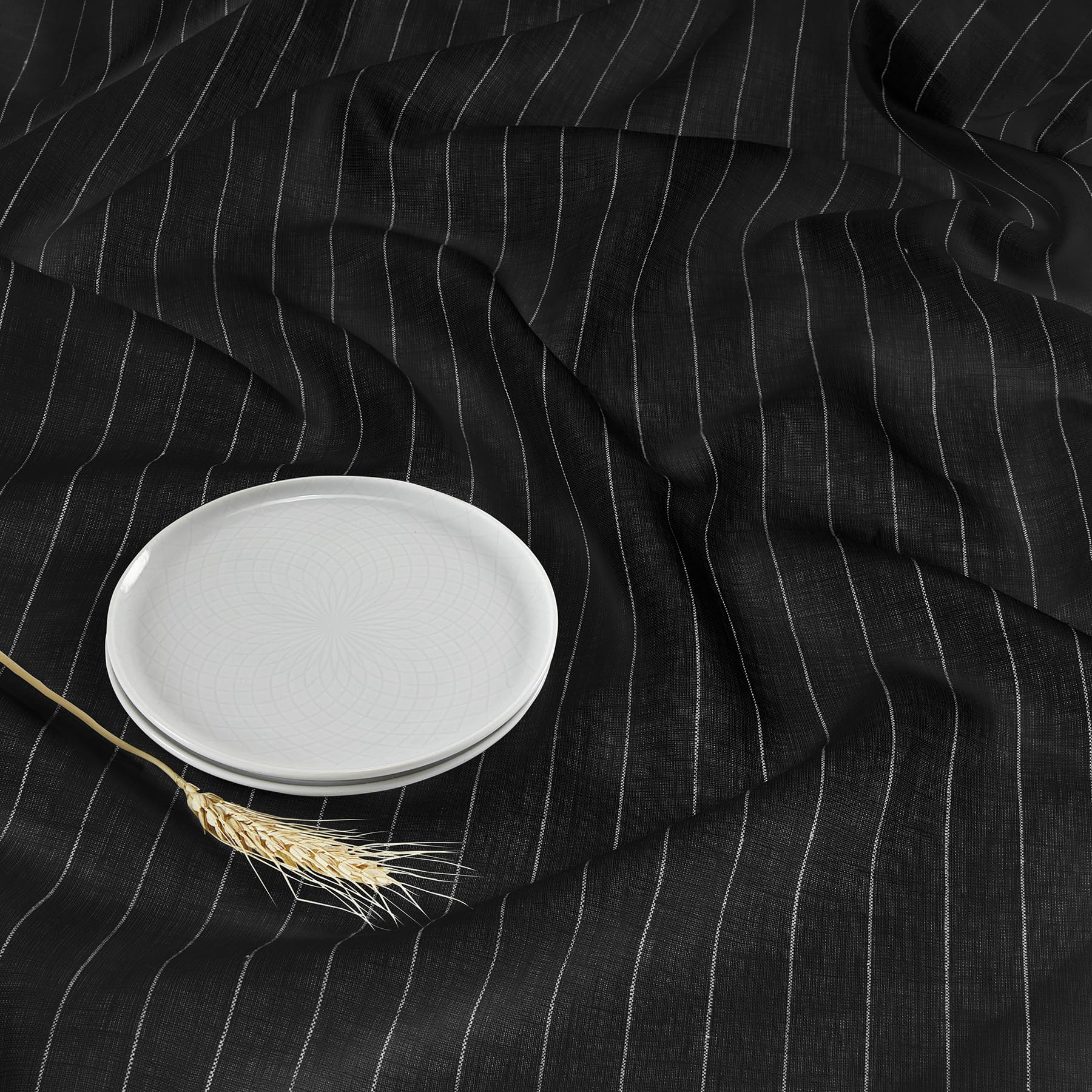Solino Home Pinstripe Linen Tablecloth 52 X 52 Inch - 100% Pure Linen Black And White Table Throw For Spring, Easter - Handcraft
