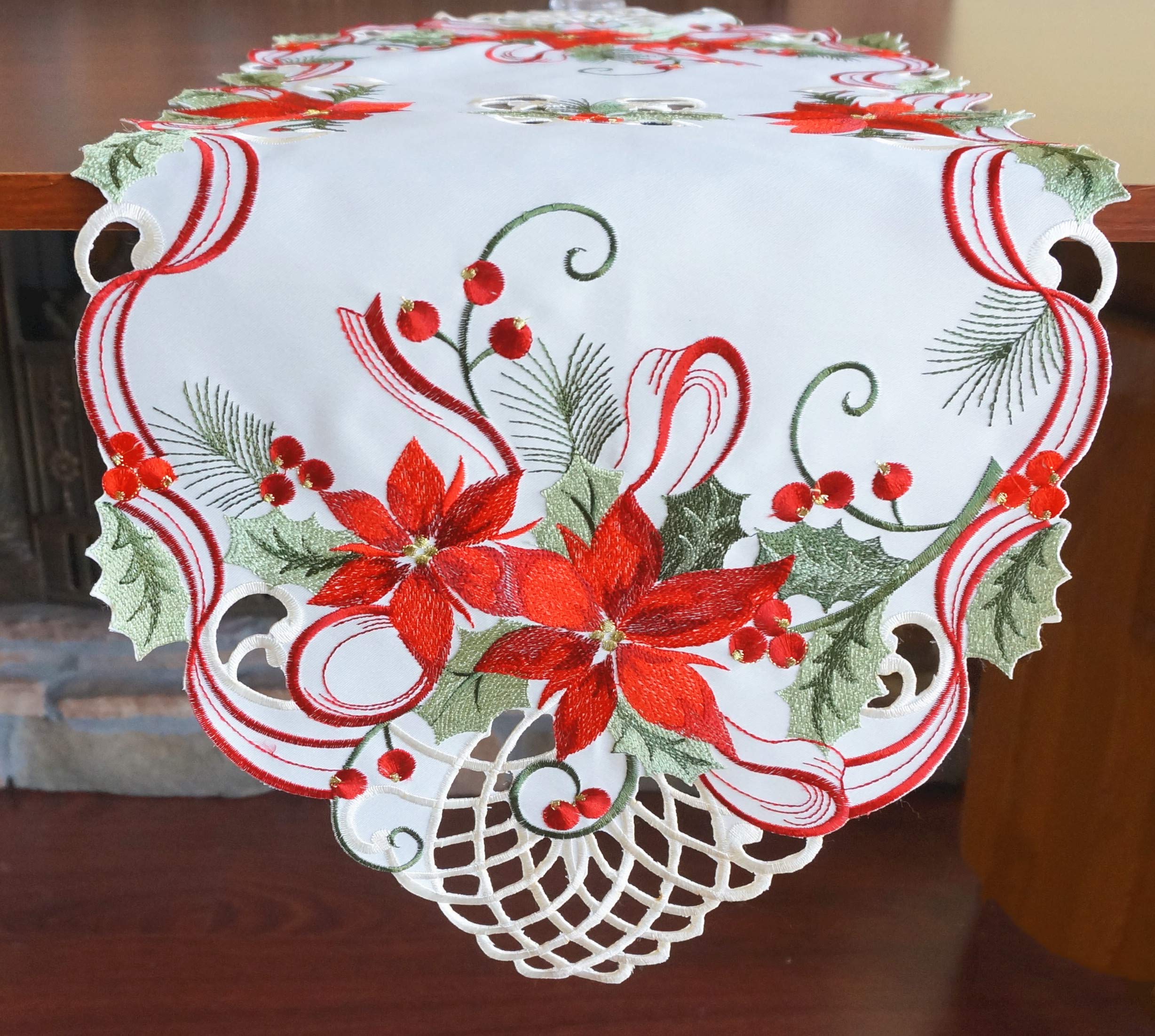 Holiday Christmas Table Runner 13''X34'', Cutwork Embroidered Floral Christmas Flower Dresser Sacrf Table Topper For Home Dining