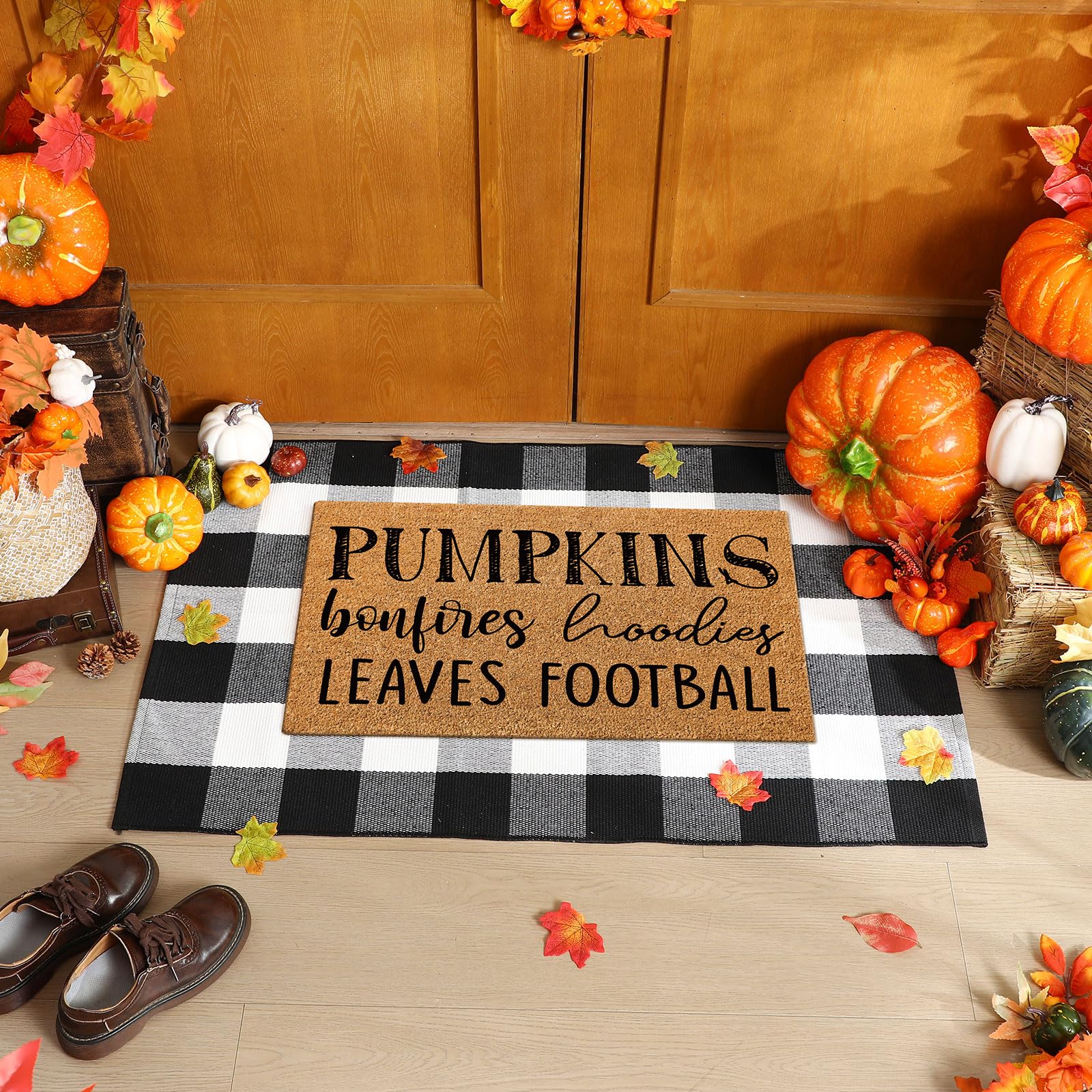 Duraaamo 2 Pcs Fall Thanksgiving Natural Coir Welcome Doormat Outdoor Pumpkins Bonfires Hoodies Football Leaves Mat Layered Buff