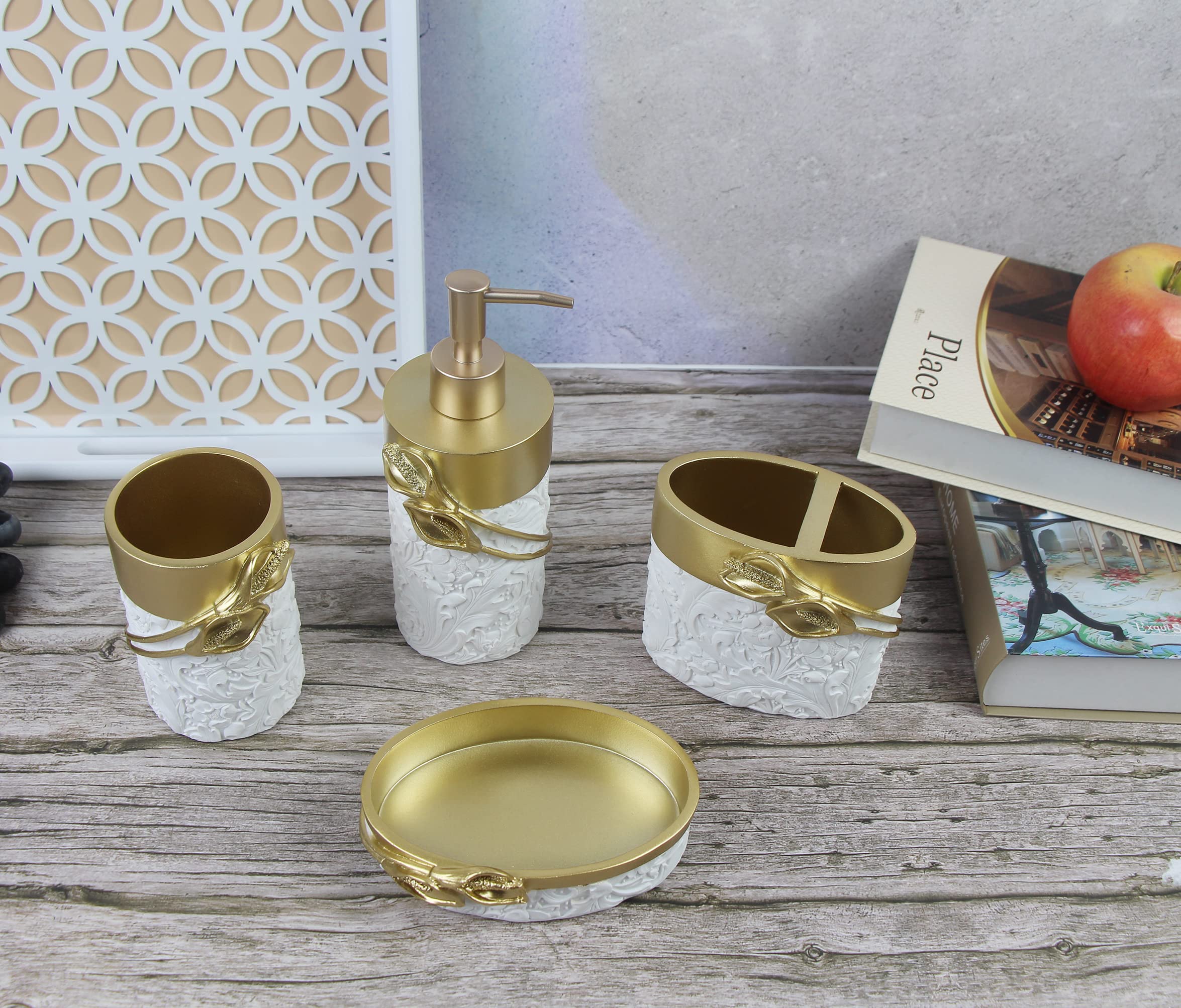 Hymmah Bathroom Accessories Set,Golden Design Toothbrush Holder,Farmhouse Bathroom Decor,4 Pcs Resin Gift Set Apartment Necessit