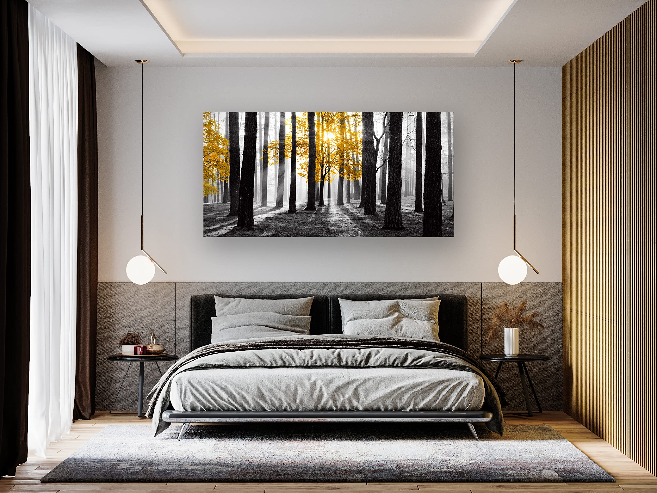 Cao Gen Decor Art S06362 Wall Art Canvas Painting Yellow Tree in Black and White Sunshine Foggy Forest Picture Poster Print Framed Ready to Hang for Living Room Bedroom Office Home Decor