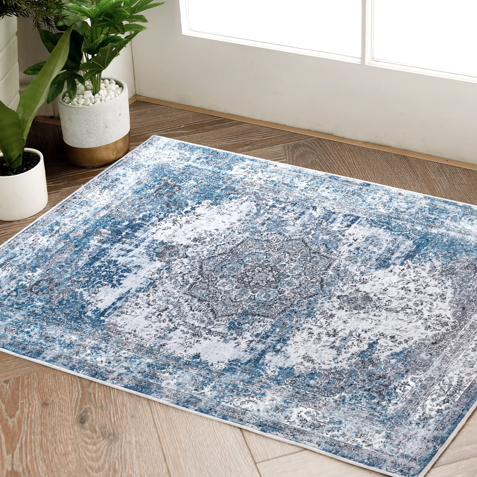 jinchan Area Rug 2x3 Washable Door Mat Vintage Distressed Rug Doormat Indoor Entrance Thin Traditional Floral Lightweight Non Sl