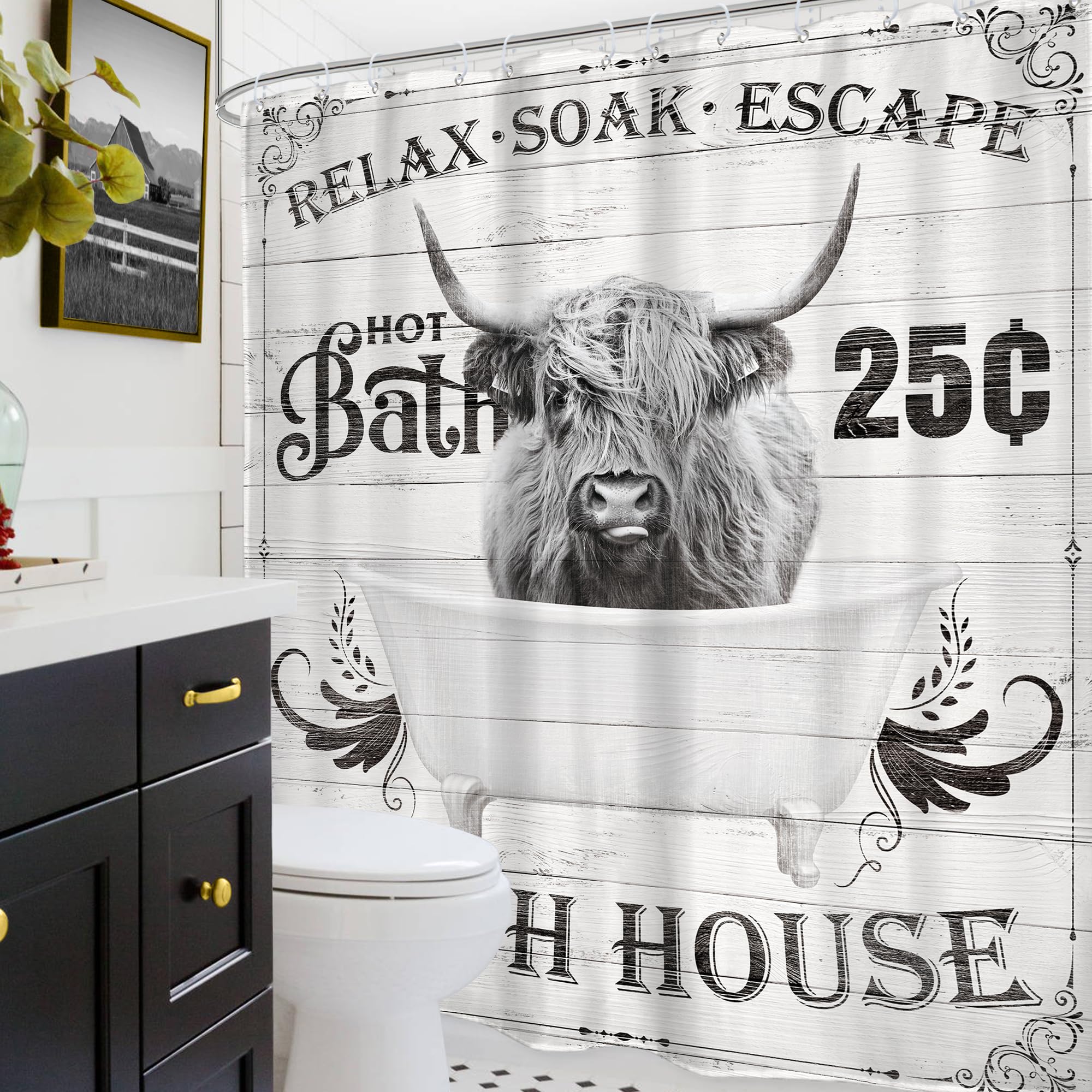 Glawry Funny Highland Cow Shower Curtain 72Wx84L Inches Extra Long Bull Farmhouse Western Cattle In Bathtub Bath Rustic Wildlife