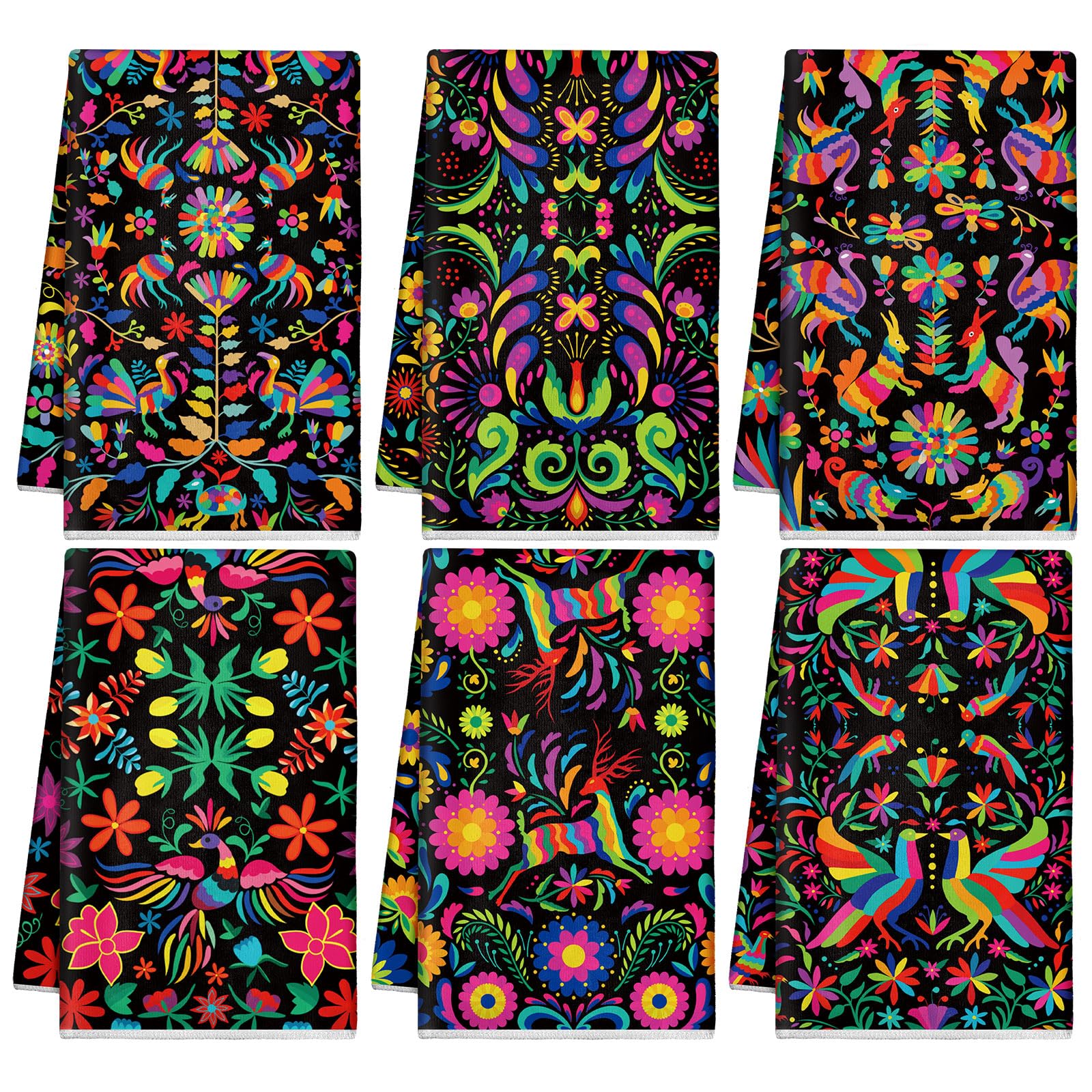 Breling Set Of 6 Mexican Otomi Kitchen Towels Mexican Talavera Themed Dish Towel Bathroom Decorative Mexican Traditional Bird Fl