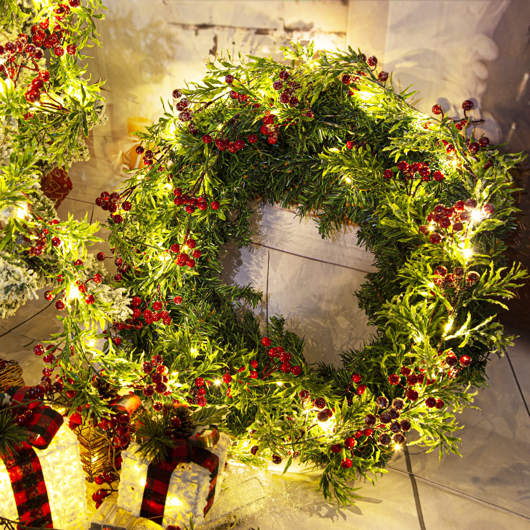 2 Pack Artificial Christmas Garland String Lights with 162 Snowy Red Berries 55 Green Leaves 20 LED Lights Battery Operated for