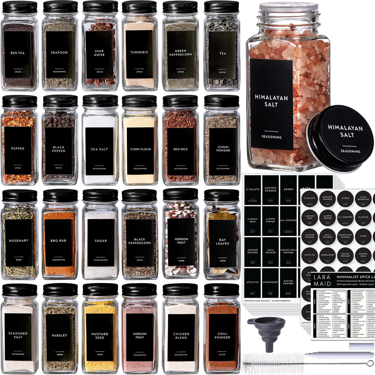 Laramaid 4Oz 24Pack Spice Jars With 455 Black Vinyl Spice Labels, Shaker Lids Dispenser With Airtight Black Metal Caps, Cleaning