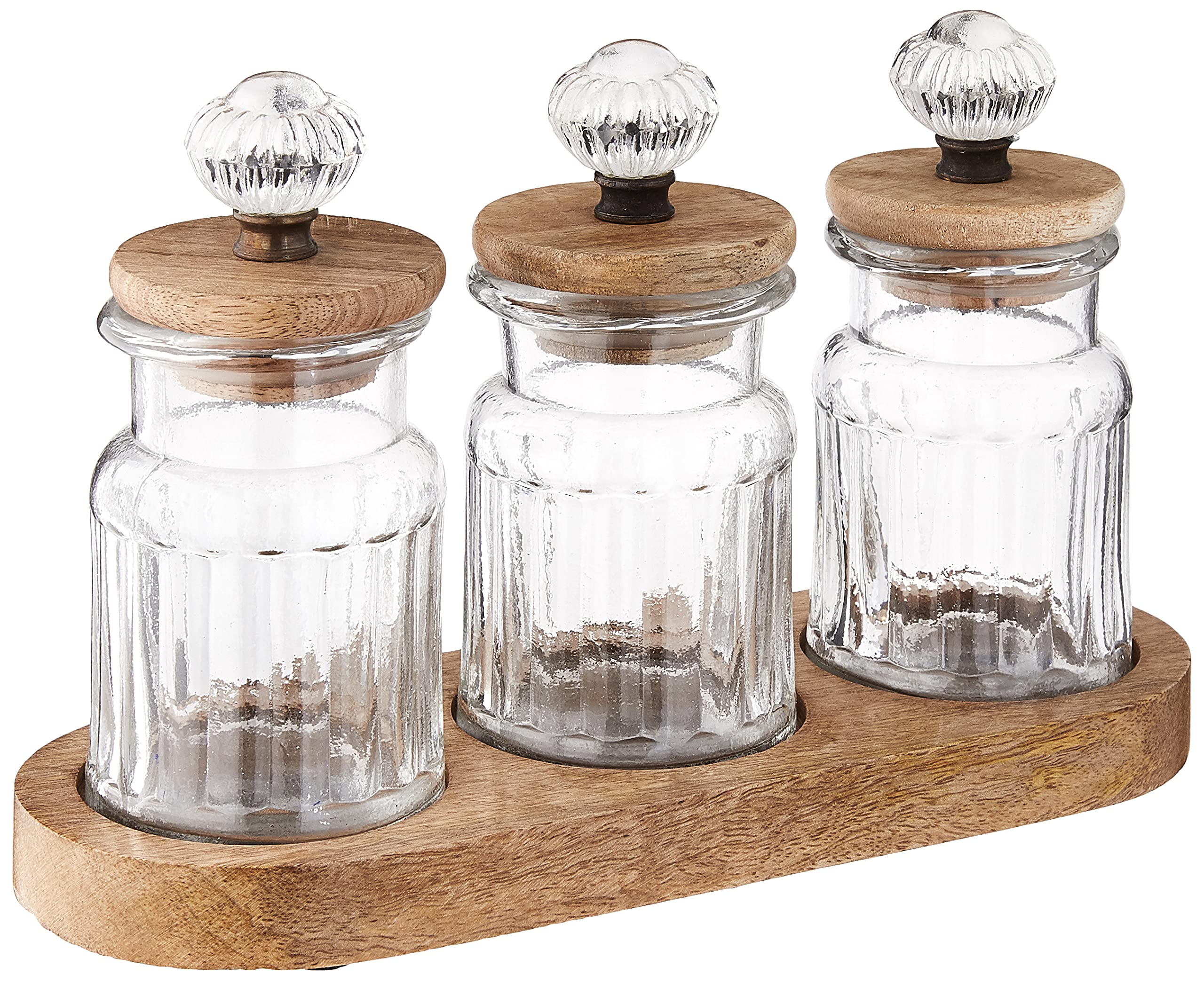 Mud Pie Knob Glass Condiment Set, Canister 3 3/4'' X 2 3/4'' Dia | Caddy 3 3/4'' X 10 1/4'', Brown