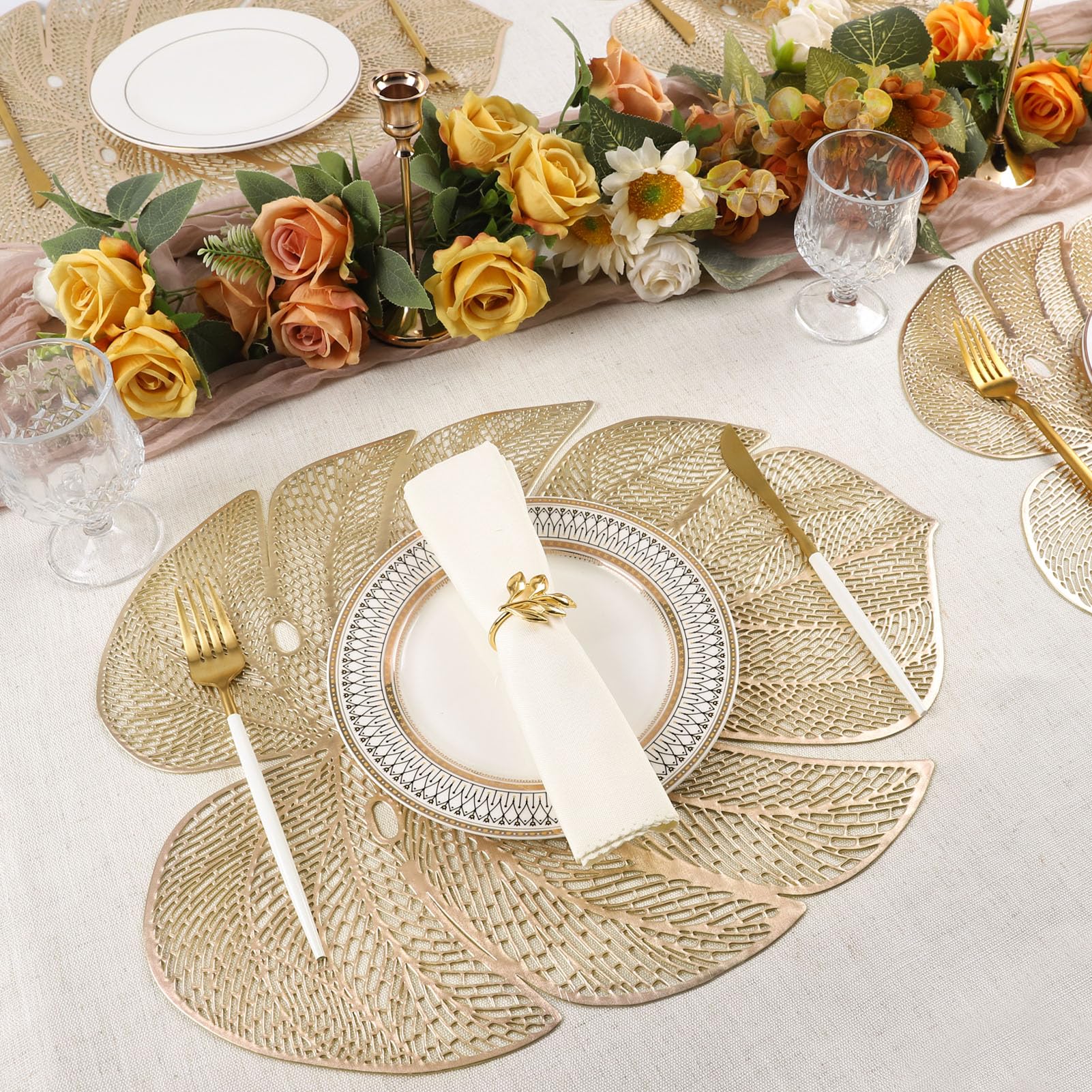 Evevda Gold Leaf Shaped Vinyl Placemats For Dinner Table Set Of 6 Metallic Plastic Gold Place Mats Wipeable 6Pcs Table Mats For