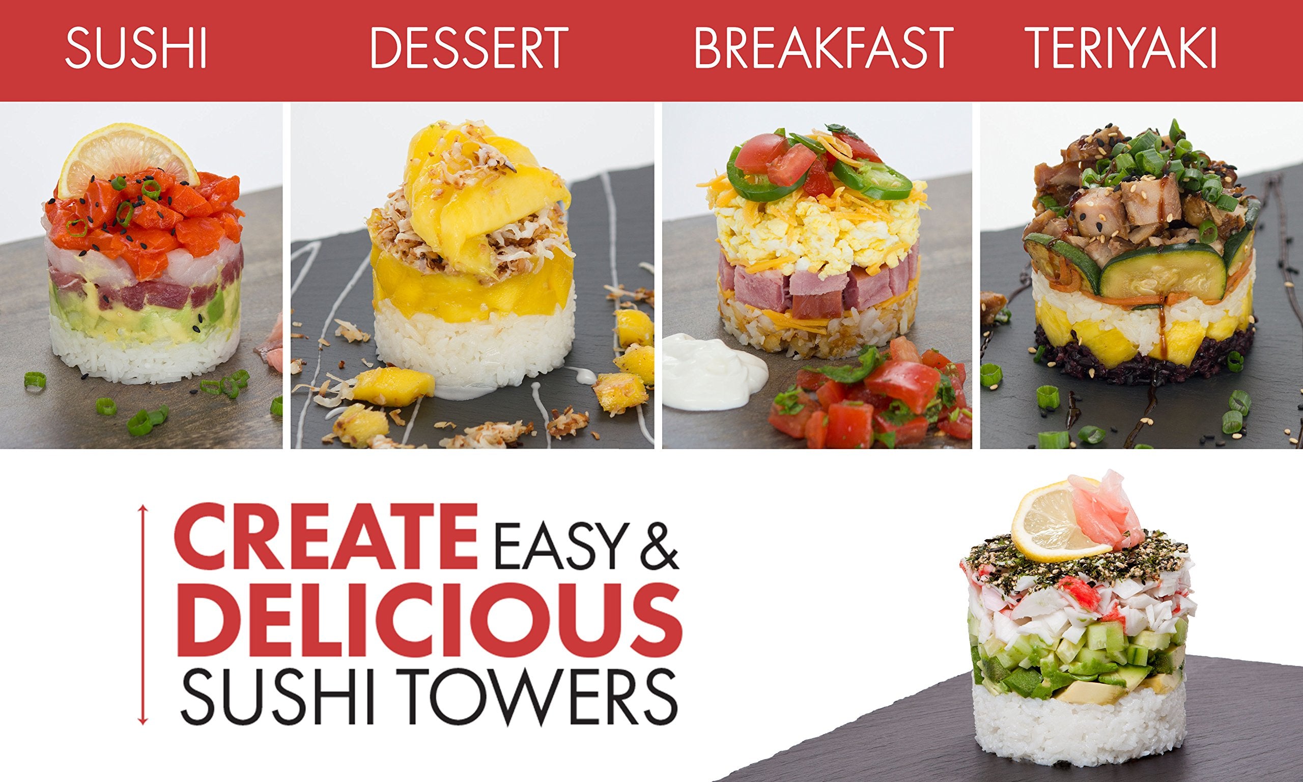 Sushi Tower The Original Kit - Premium Stainless Steel Sushi Making Set Featuring 2 Sizes, Storage Container, Free Gifts & Recip