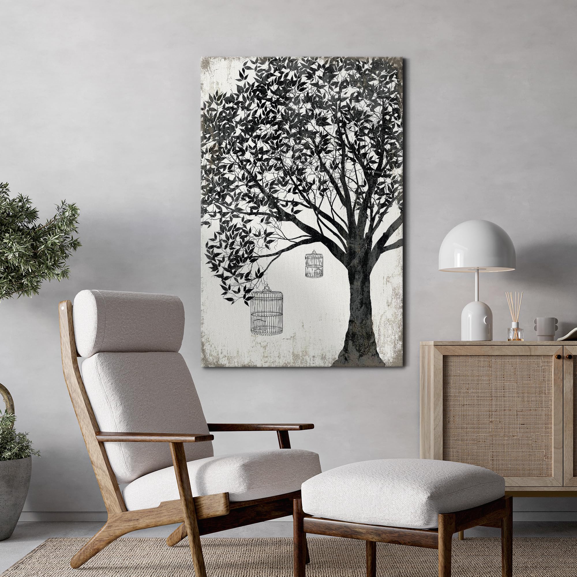 Wall26 Canvas Print Wall Art Black & White Tree With Hanging Birdcages Floral Nature Illustrations Modern Art Rustic Dramatic Fo