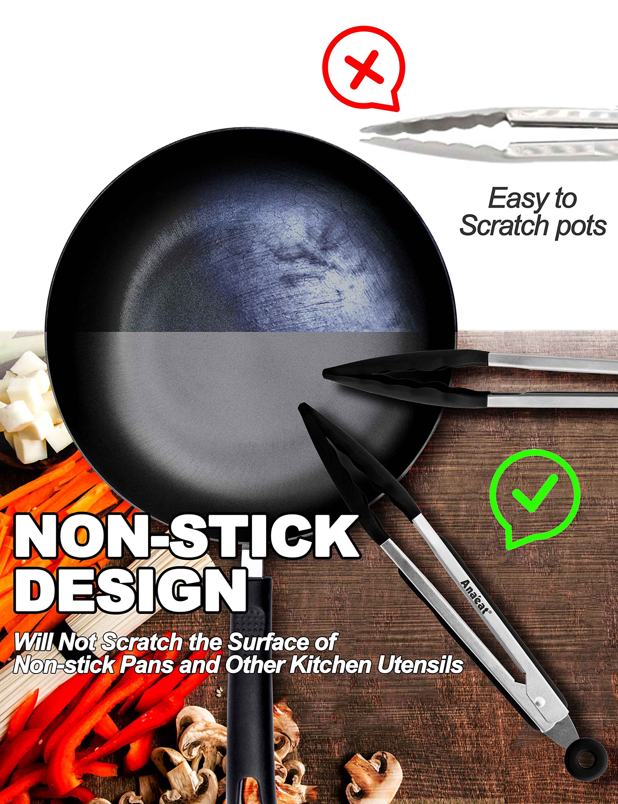 Anaeat Non-Stick Silicone Locking Tong - Stainless Steel 7'' Mini Kitchen Food Tongs With Non-Slip Silicone Tips And Grip For Co