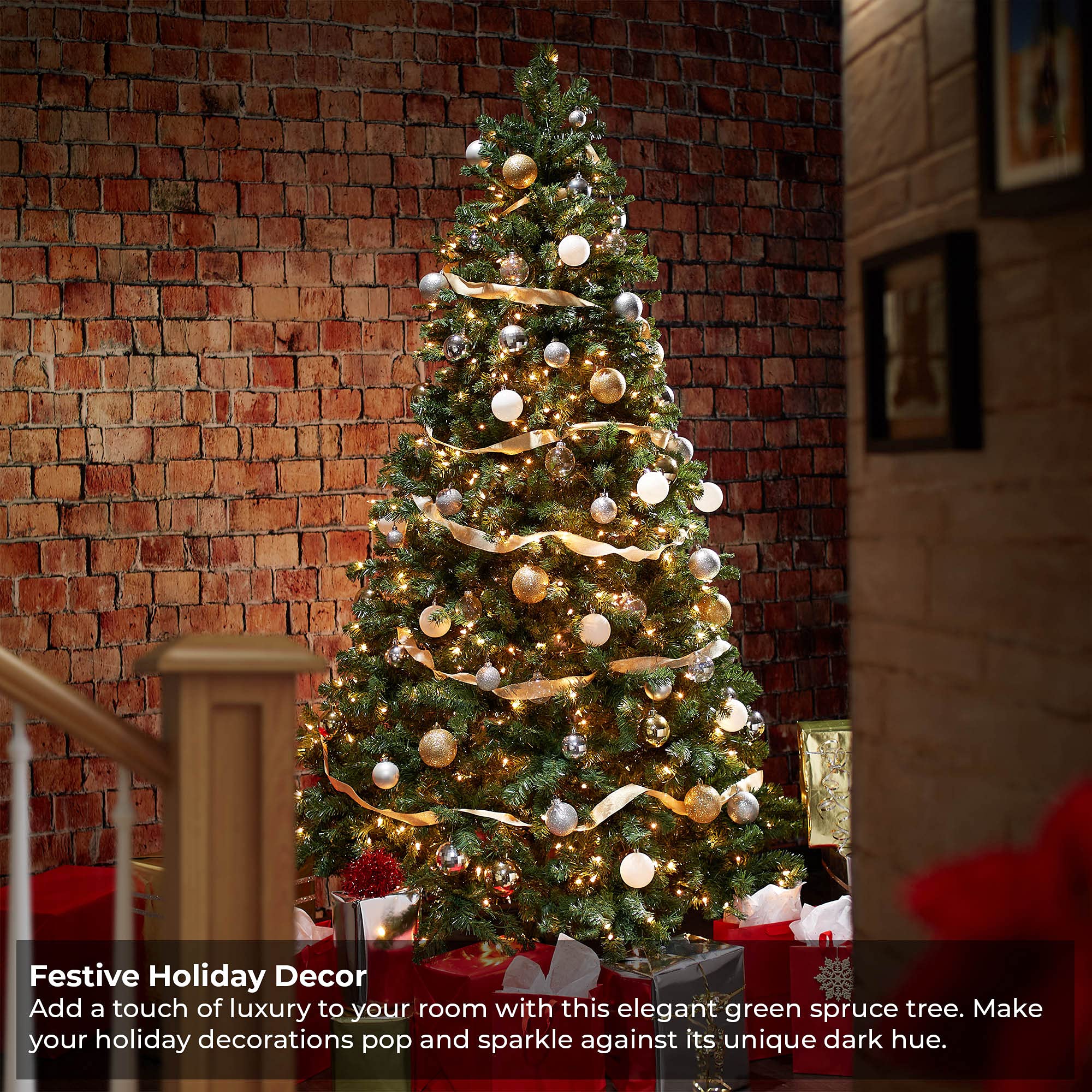 Casafield 9FT Realistic Pre-Lit Green Spruce Artificial Holiday Christmas Tree with Sturdy Metal Stand