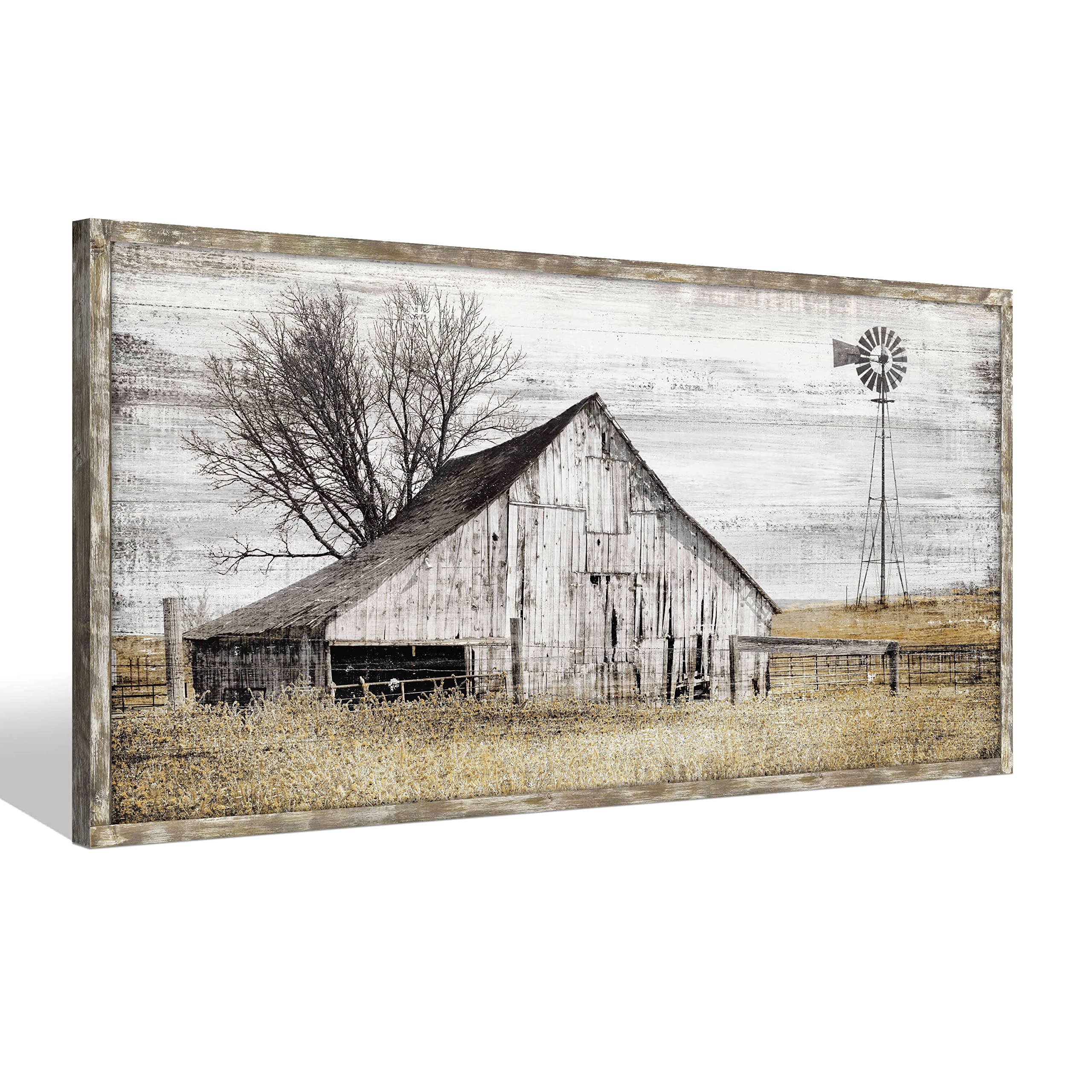 Farmhouse Framed Wall Art Picture: Rustic Barn Farm Wood Artwork Decor Large Country Landscape Windmill Print Horizontal Panoram