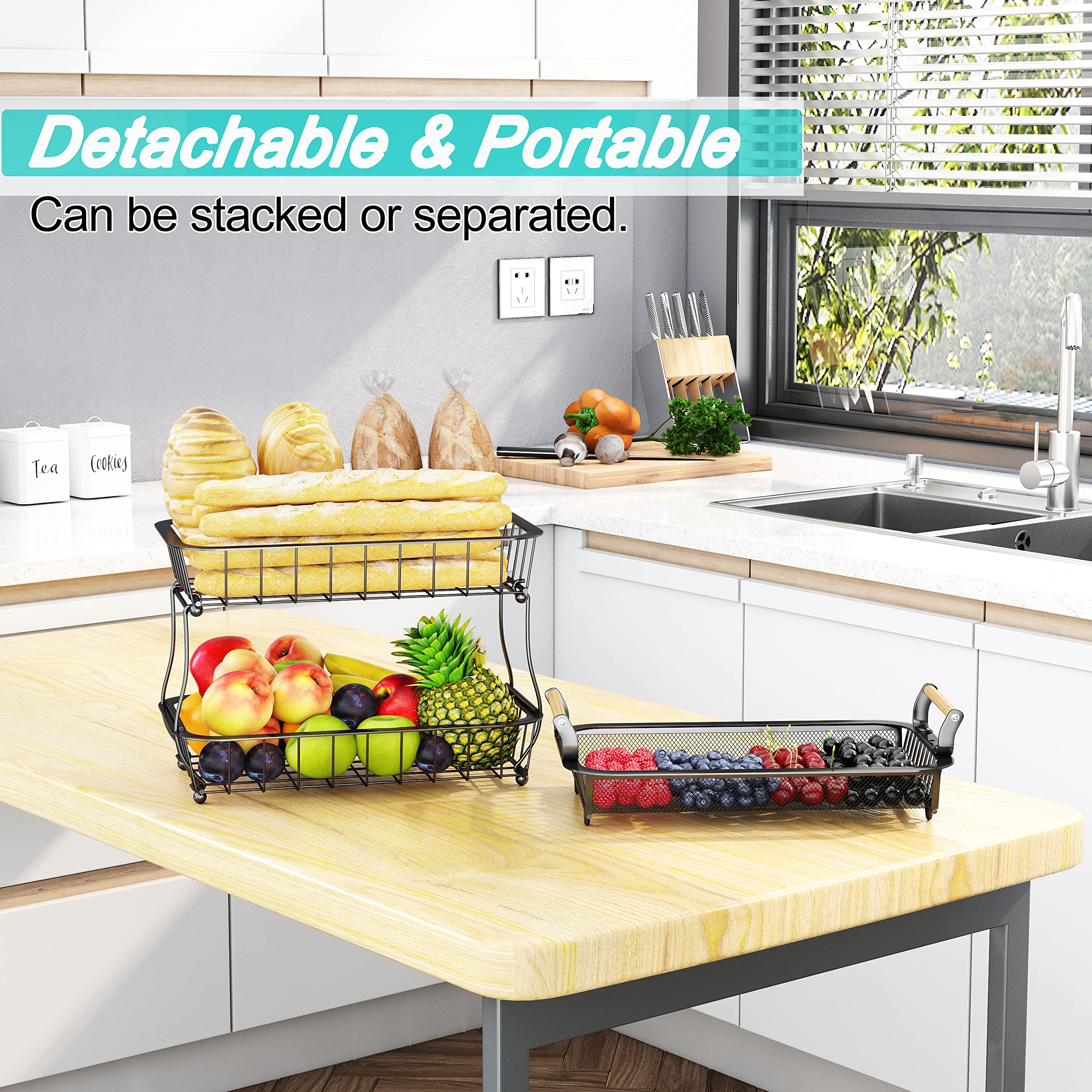 3 Tier Fruit Basket Bowl With 2 Banana Hangers For Kitchen Counter, Vegetable Countertop Produce Storage Holder, Large Capacity