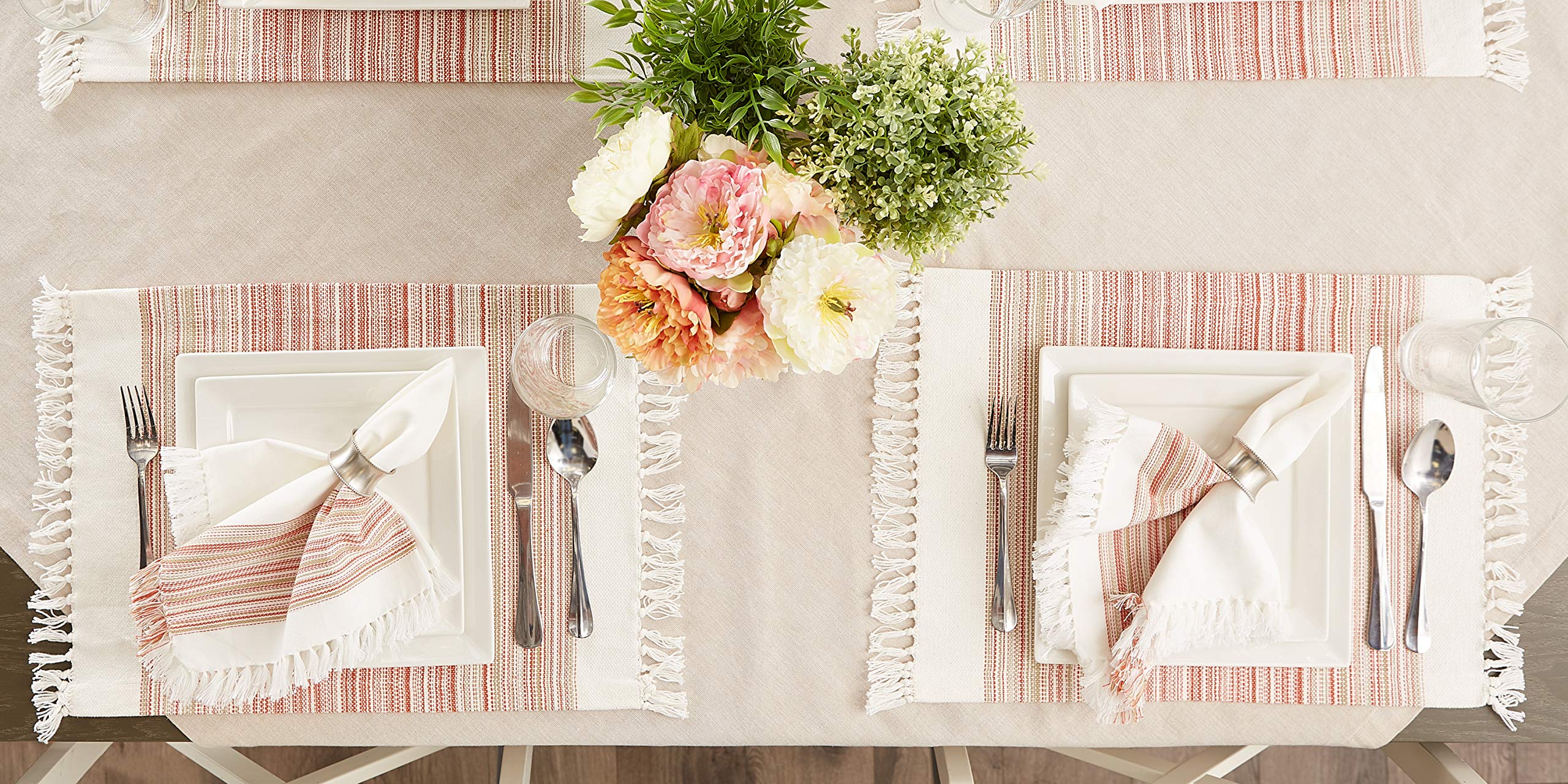 Dii Everyday Collection Fringed Stripe Tabletop, Placemat Set, 13X20, Pimento