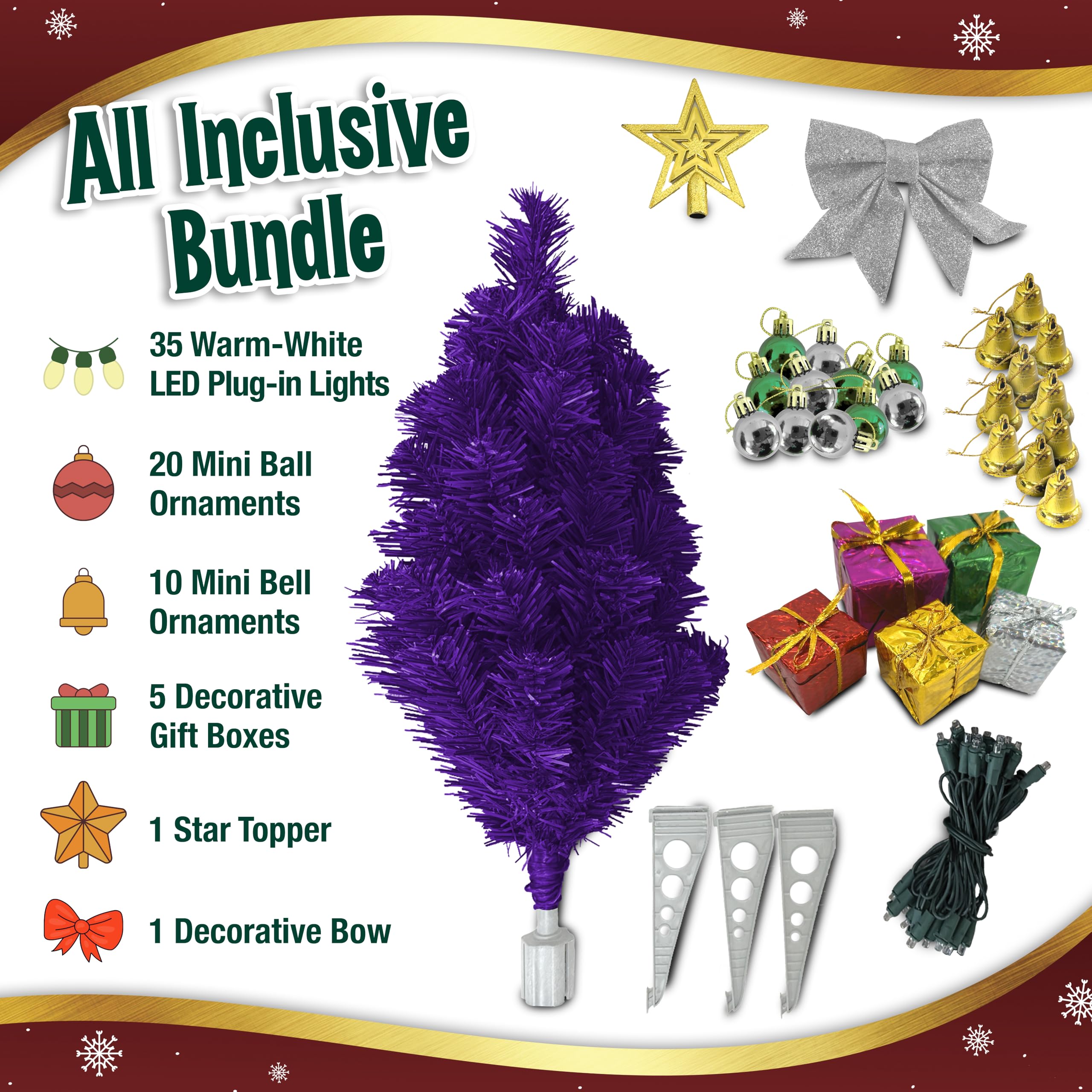 Small Purple Christmas Tree with Lights - 23 Inch Mini Tabletop Christmas Tree with Warm-White LED Lights, Hanging Ornaments, De