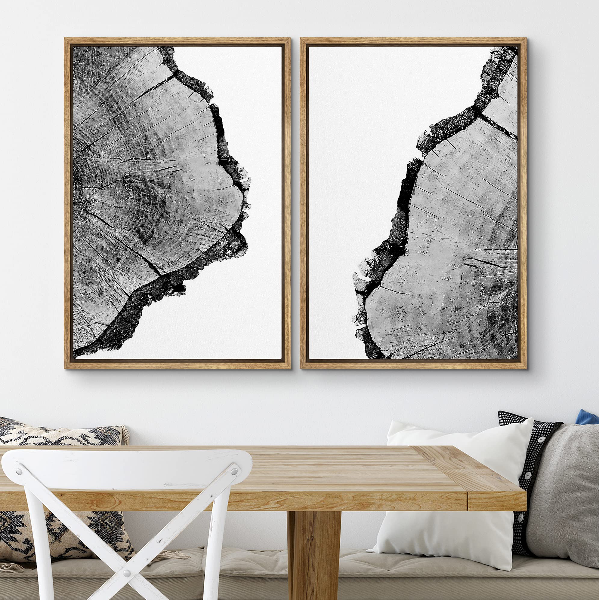Signwin Framed Wall Art Print Set Black & White Close Up Tree Ring Details Nature Wilderness Photography Modern Art Rustic Relax