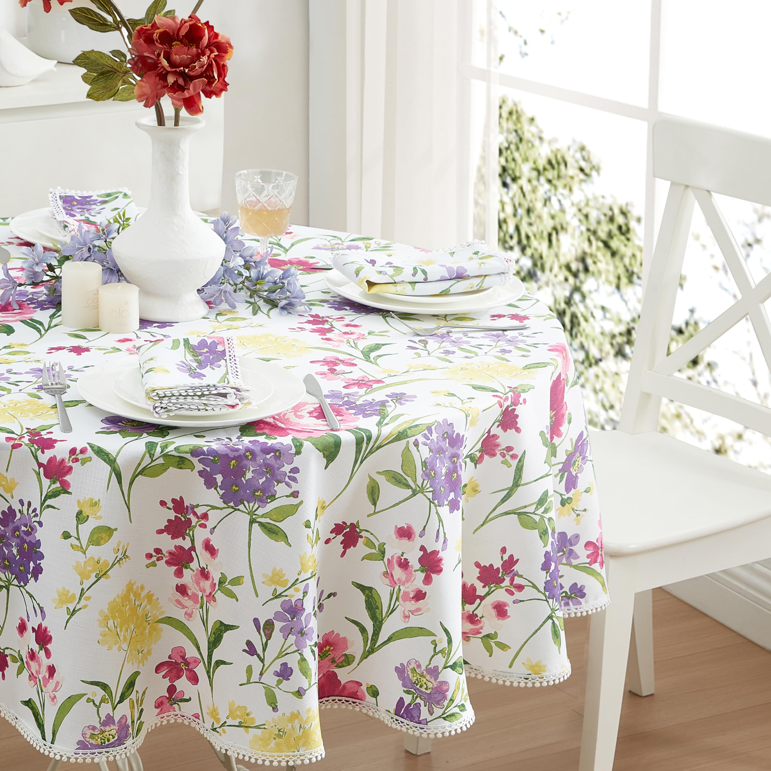 Newbridge Round Fabric Tablecloth, 70 Inch, Summer Sophia Pom Pom Fringe, Wrinkle And Stain Resistant Pink And Purple Floral Tab