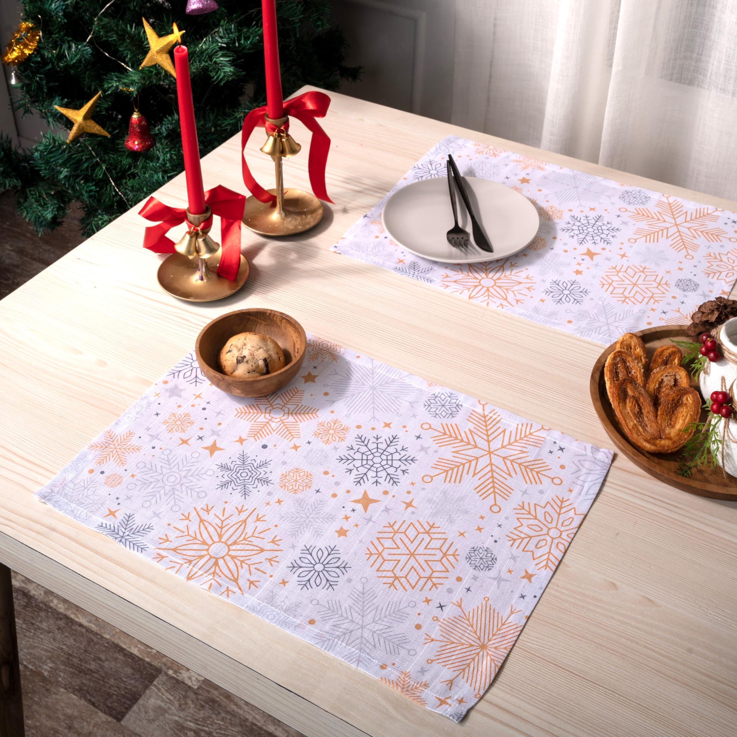 D'Moksha Homes Christmas Placemats, Vegan Silk, Snowflakes Placemats 13 X 18 Inch Set Of 4, Xmas Placemats In Gift Friendly Pack