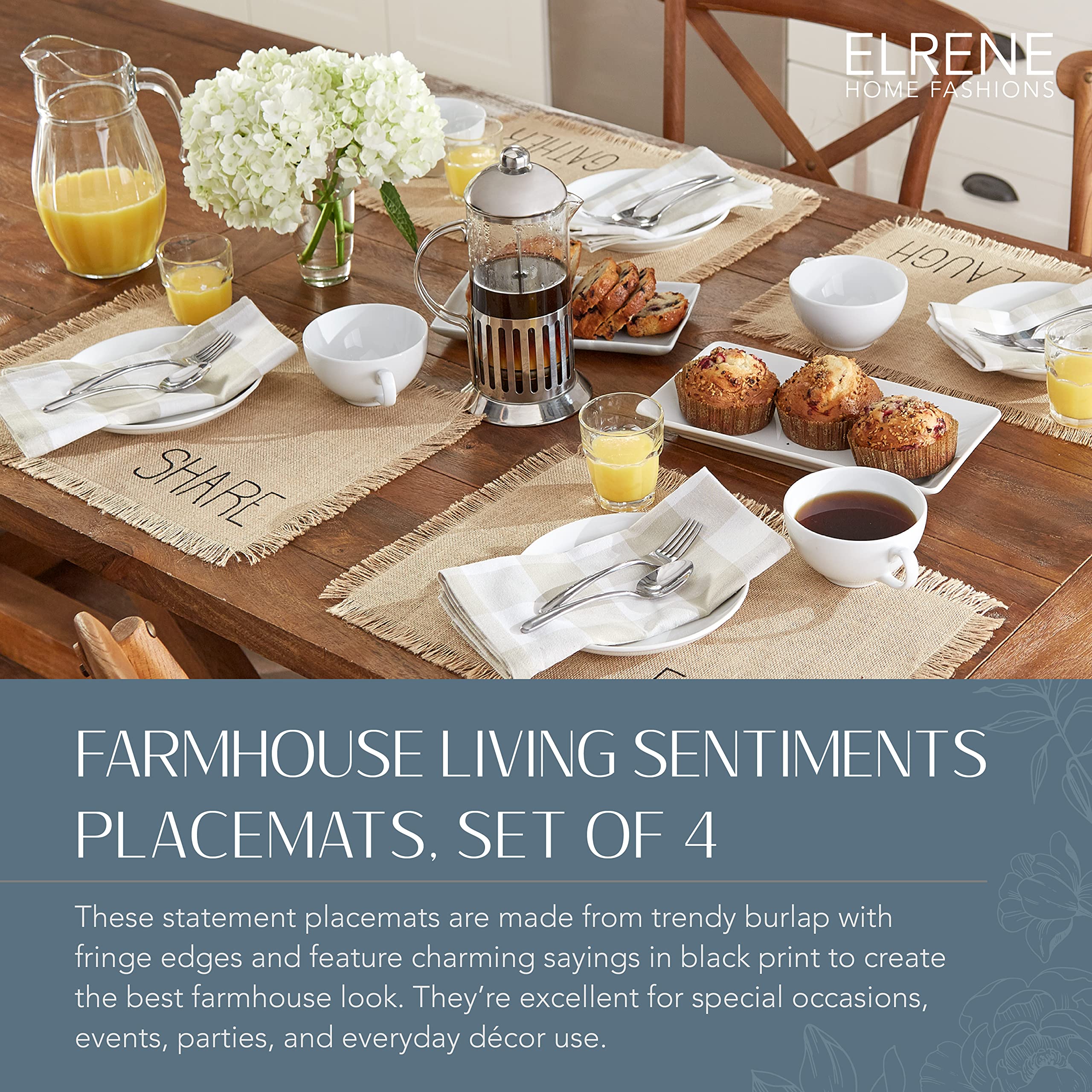 Elrene Home Fashions Farmhouse Living Sentiments Placemats, Burlap Placemats, Tan, Set Of 4