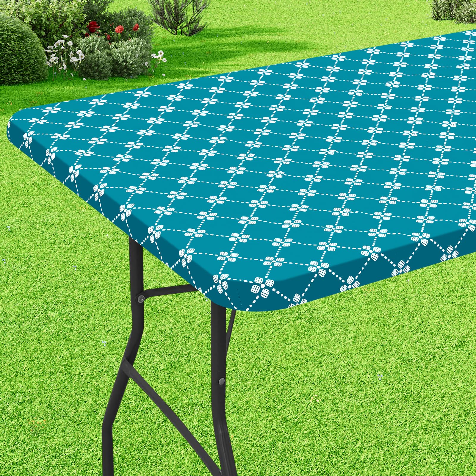 misaya Rectangle Vinyl Table Cloth, Elastic Fitted Tablecloth with Flannel Backing, Waterproof Plastic Table Cover Fits 4 Foot F